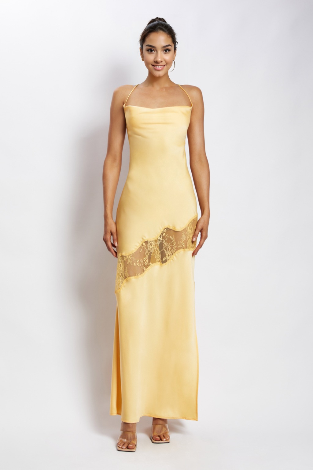 Chandra Lace Detail Satin Maxi Dress Lemon