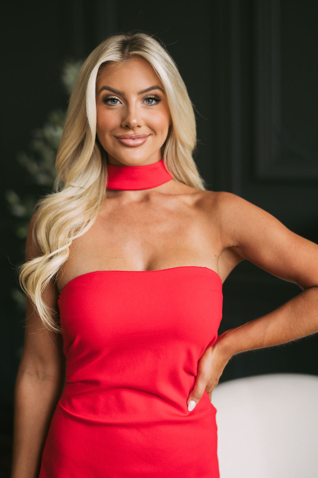 Mock Neck Fitted Midi Dress-Tomato Red