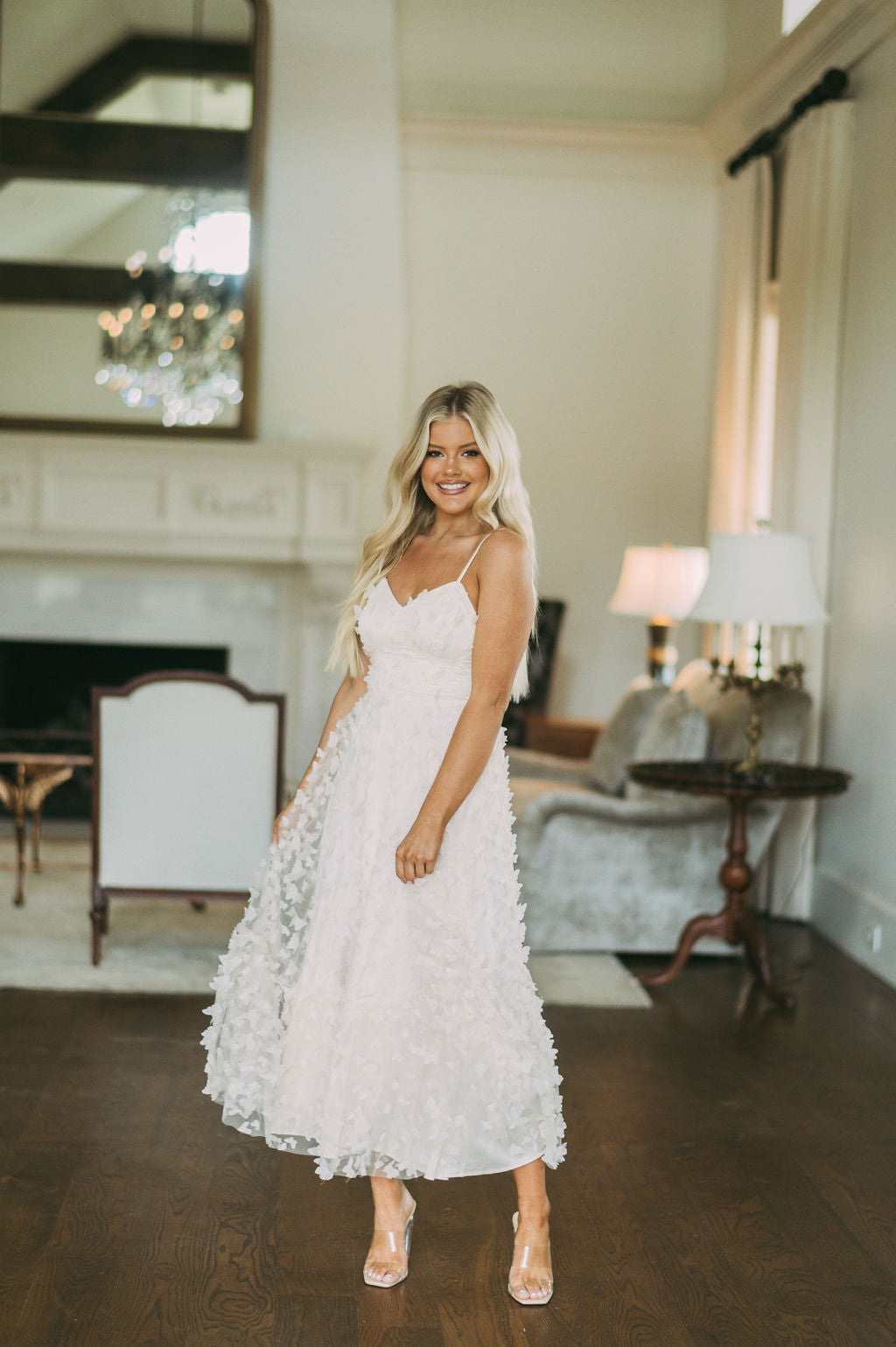 Butterfly Mesh Maxi Dress-Cream