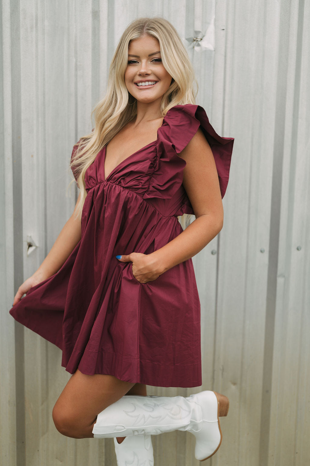 Tie Back Poplin Dress-Maroon