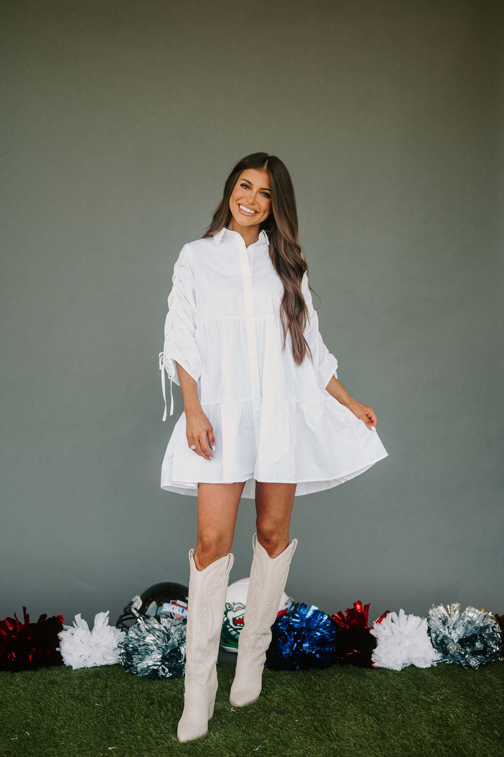 Ruched Button Up Dress-White