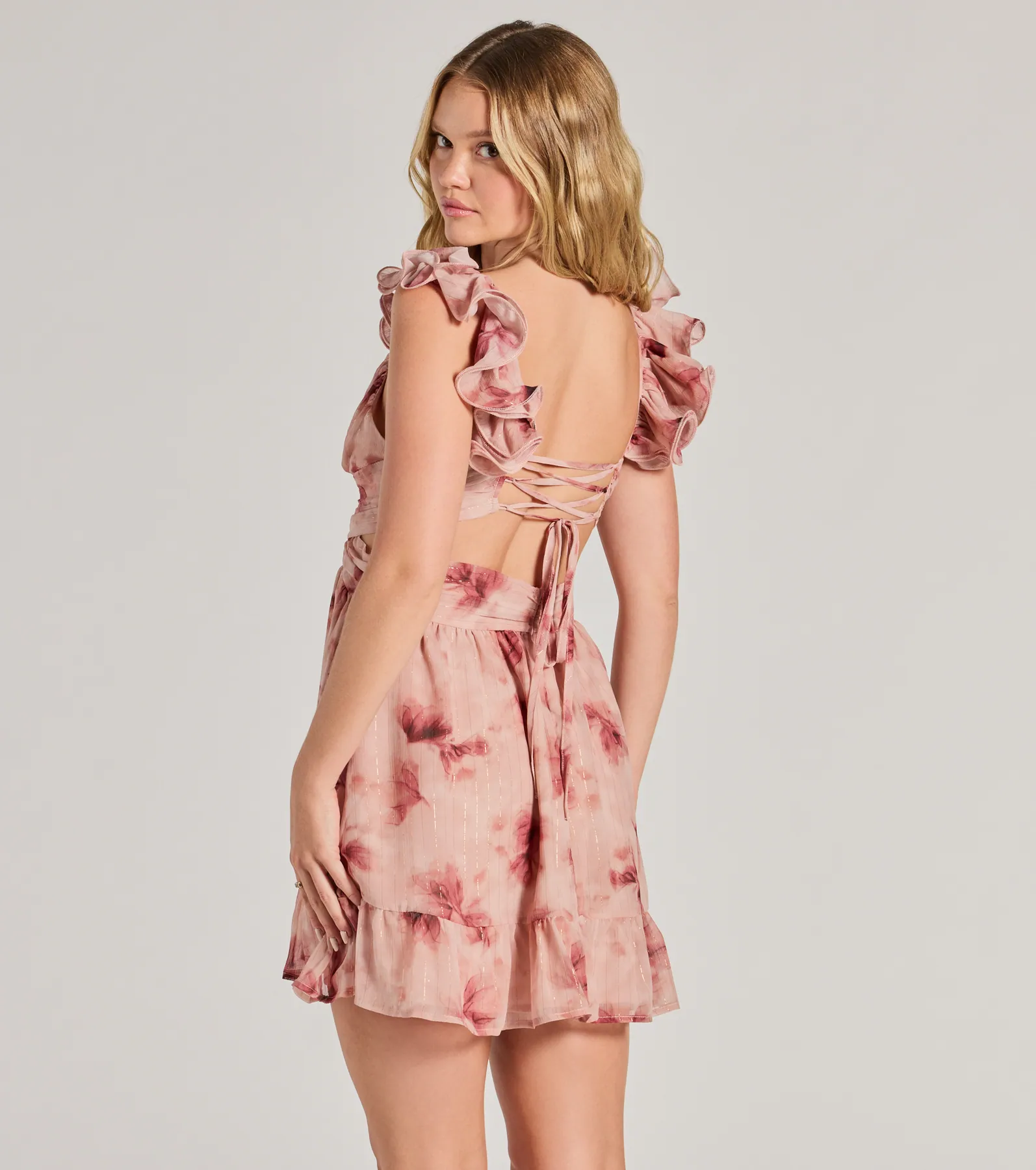 Marvelous Darling Lace-Up Floral Chiffon Dress