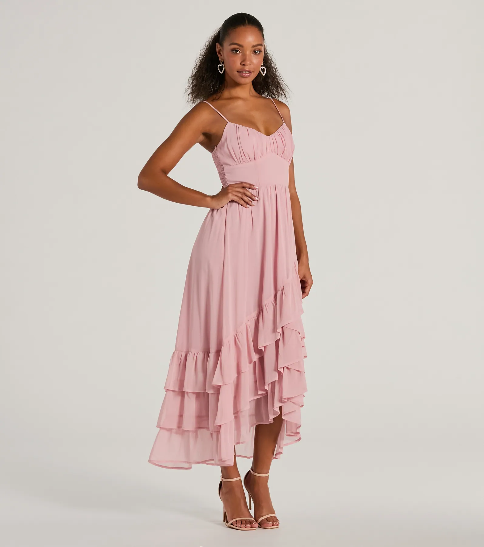 Cause For Celebration V-Neck Ruffle Chiffon Midi Dress