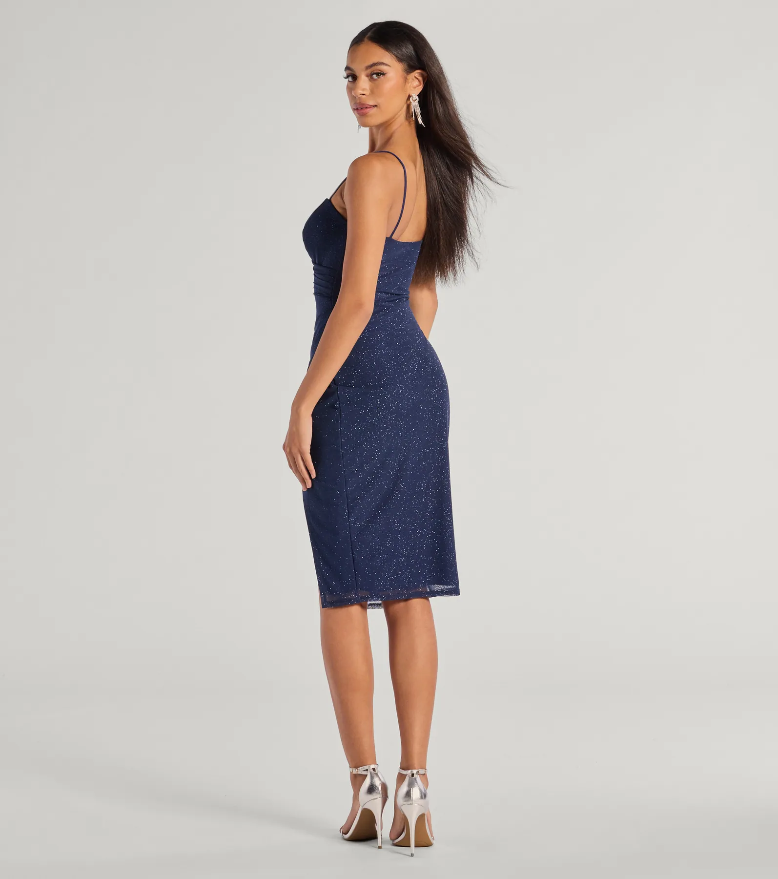 Glitz And Glimmer Glitter Mesh Wrap-Front Midi Dress