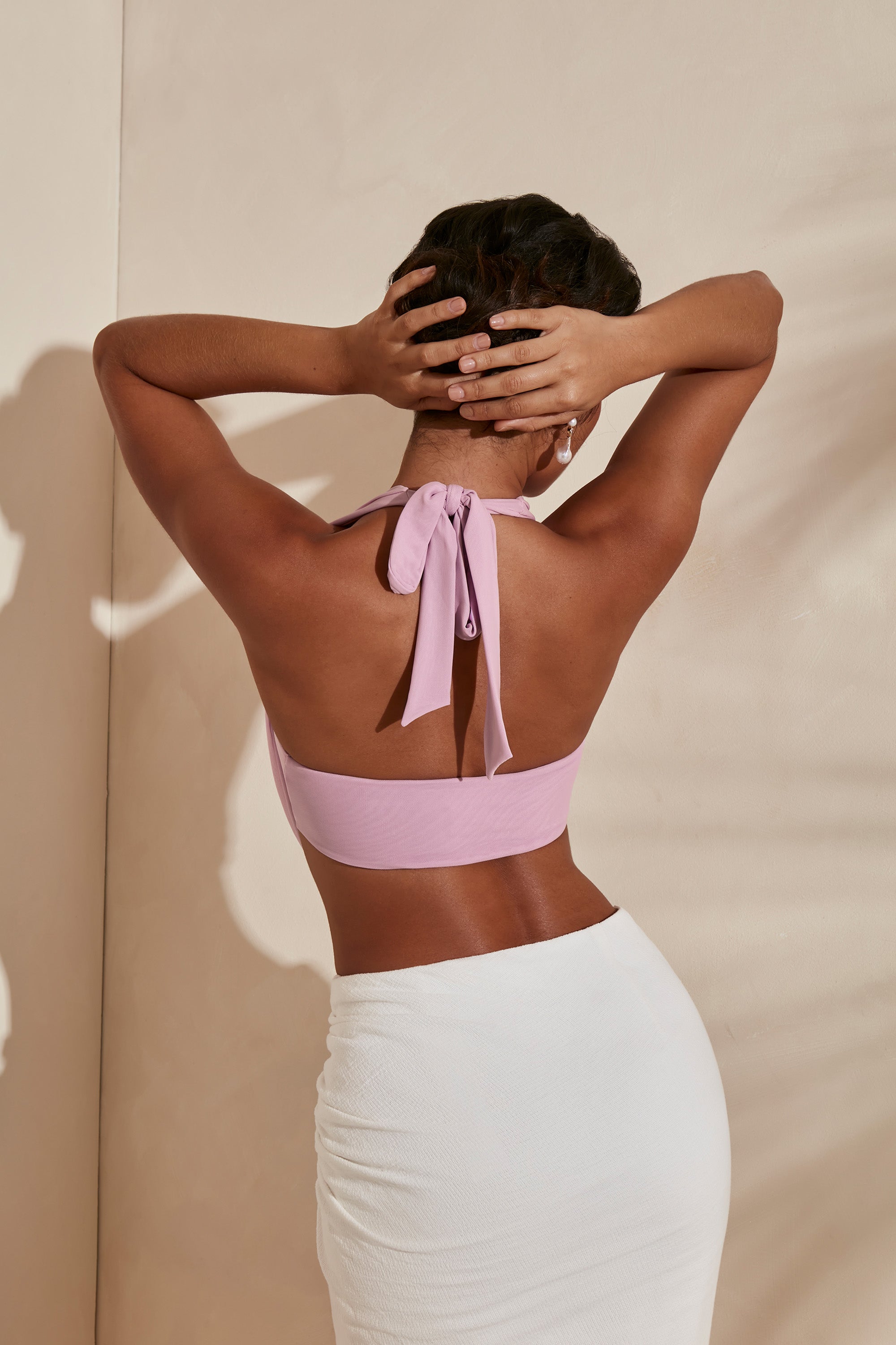 Halter Neck Plunge Cowl Crop Top in Pink