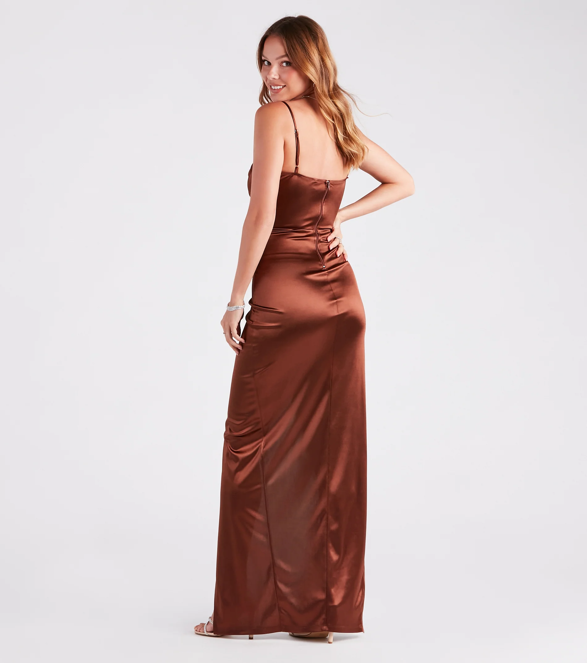 Julie Formal Satin Cowl Neck Wrap Dress