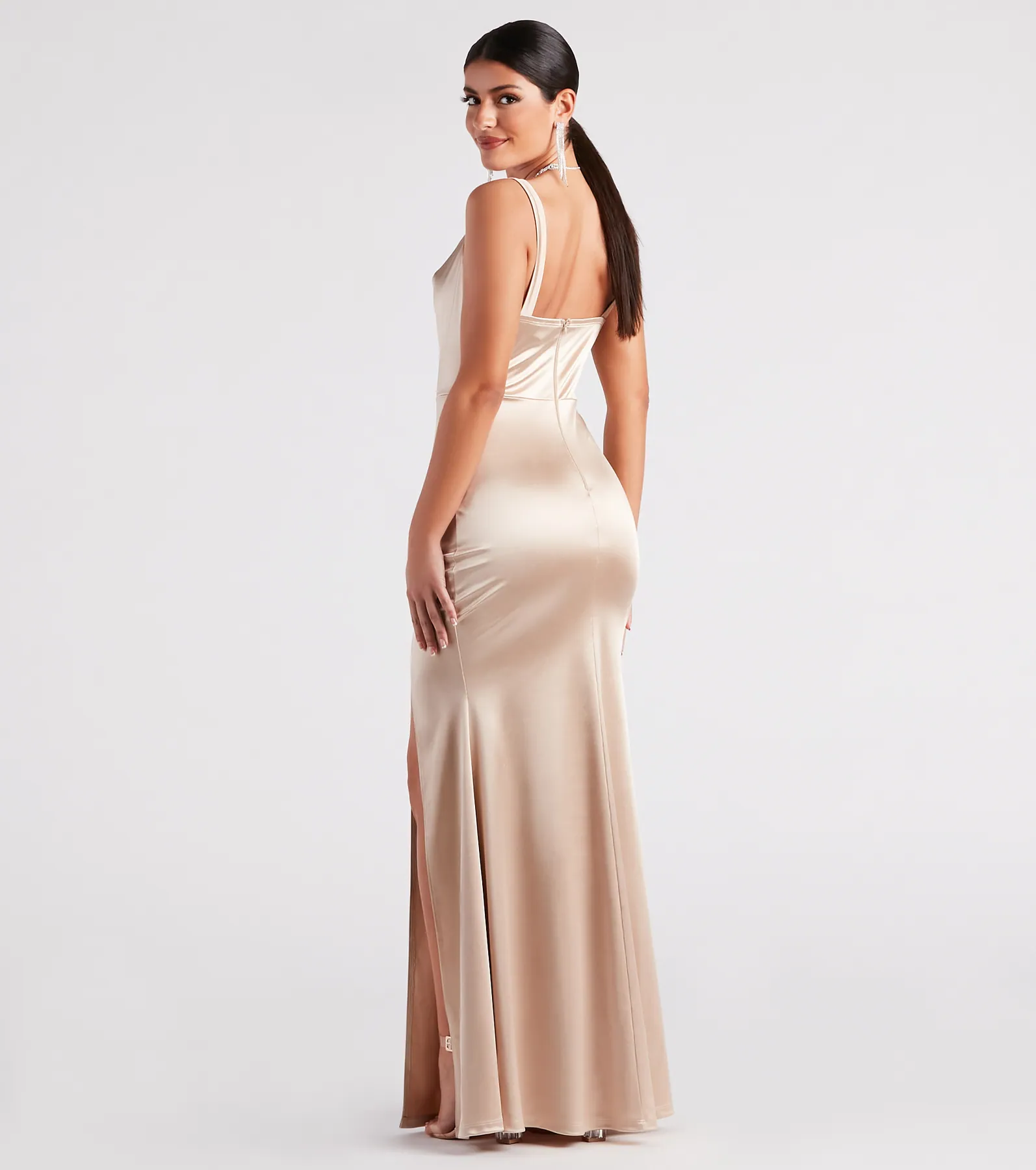 Kaylani Formal Satin Cowl Neck Long Dress