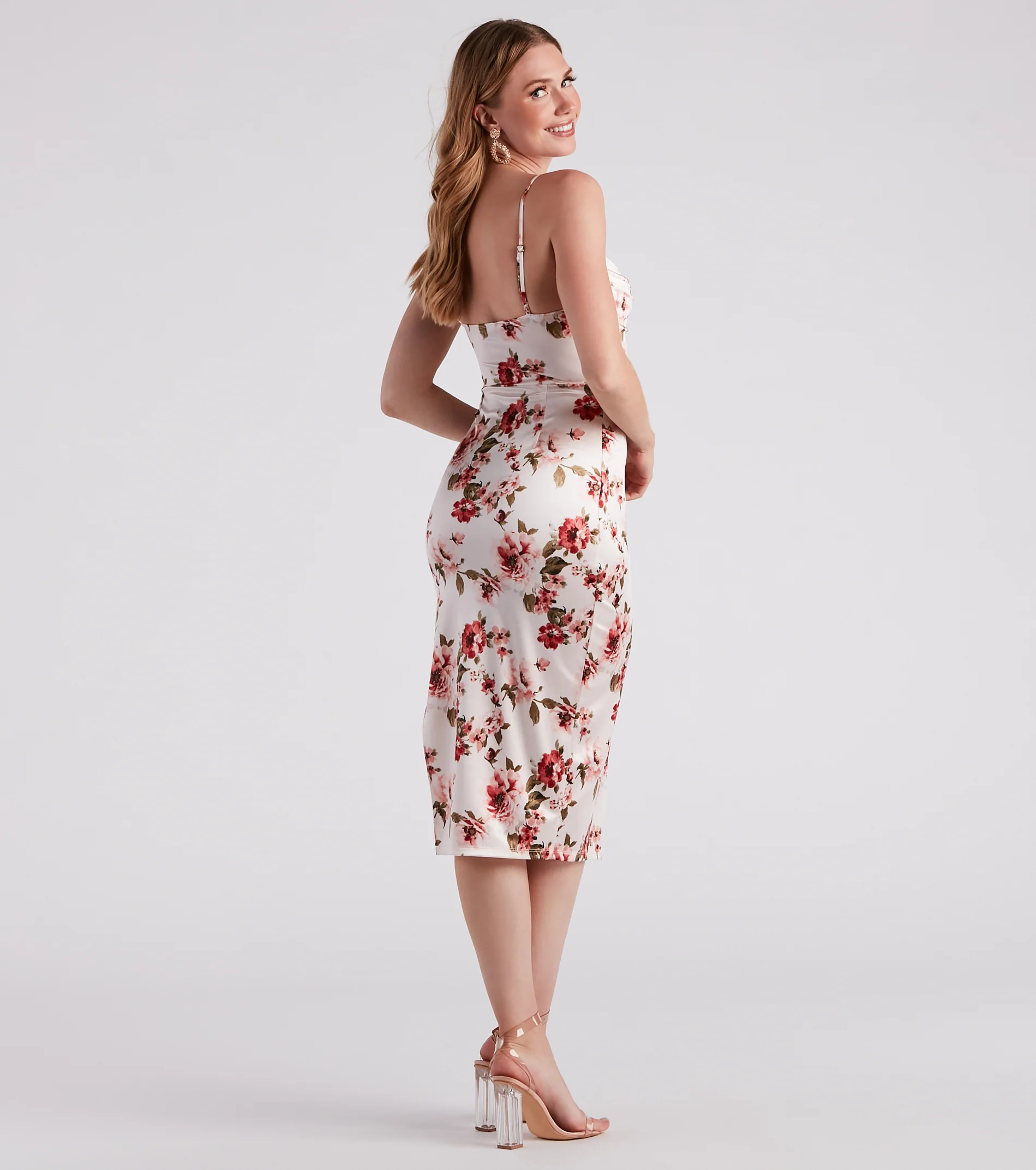 Framed In Floral Satin Midi Dress