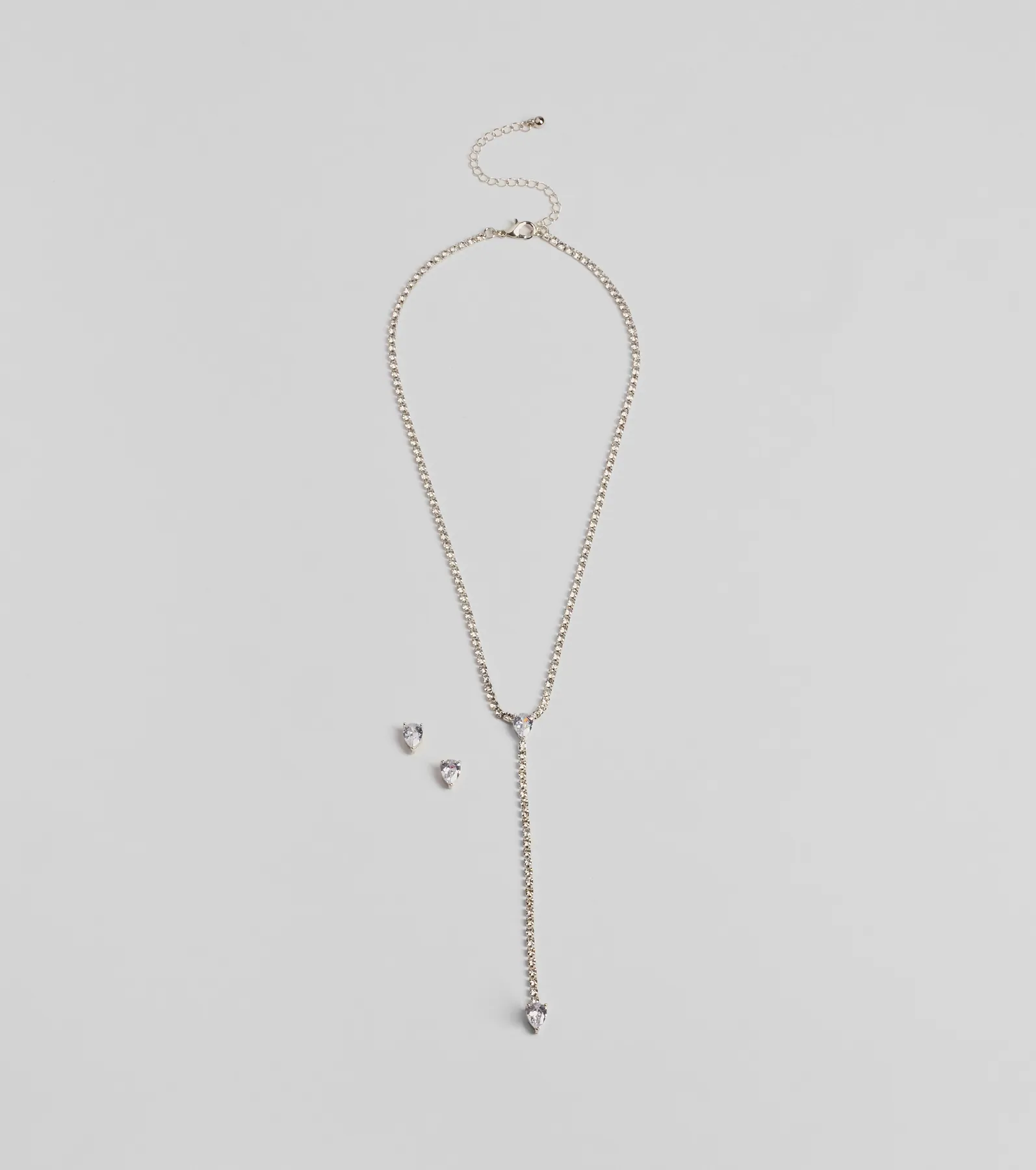 Simple Glitz Rhinestone Lariat Necklace And Stud Earrings Set
