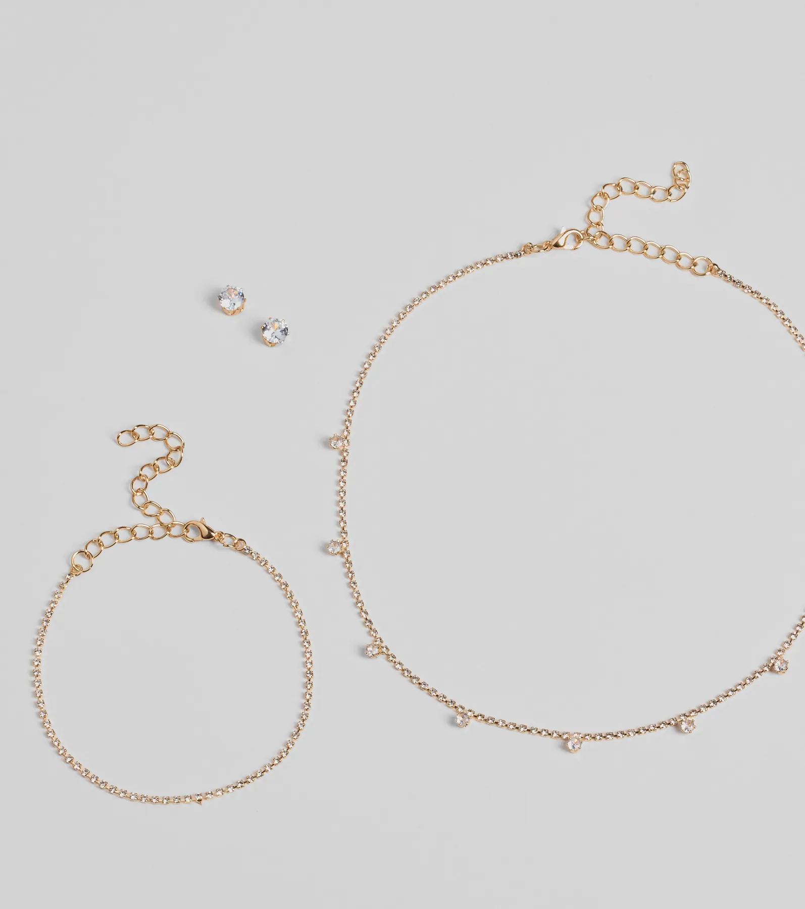 Delicate Glam Rhinestone Necklace, Bracelet, And Earrings Set