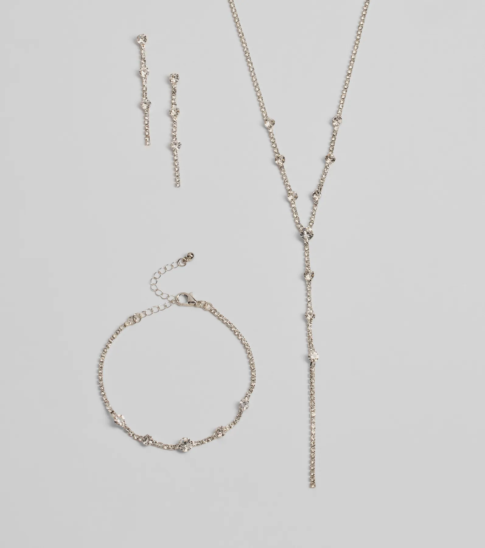 Glam Rhinestone Lariat Necklace, Bracelet, And Earrings Set