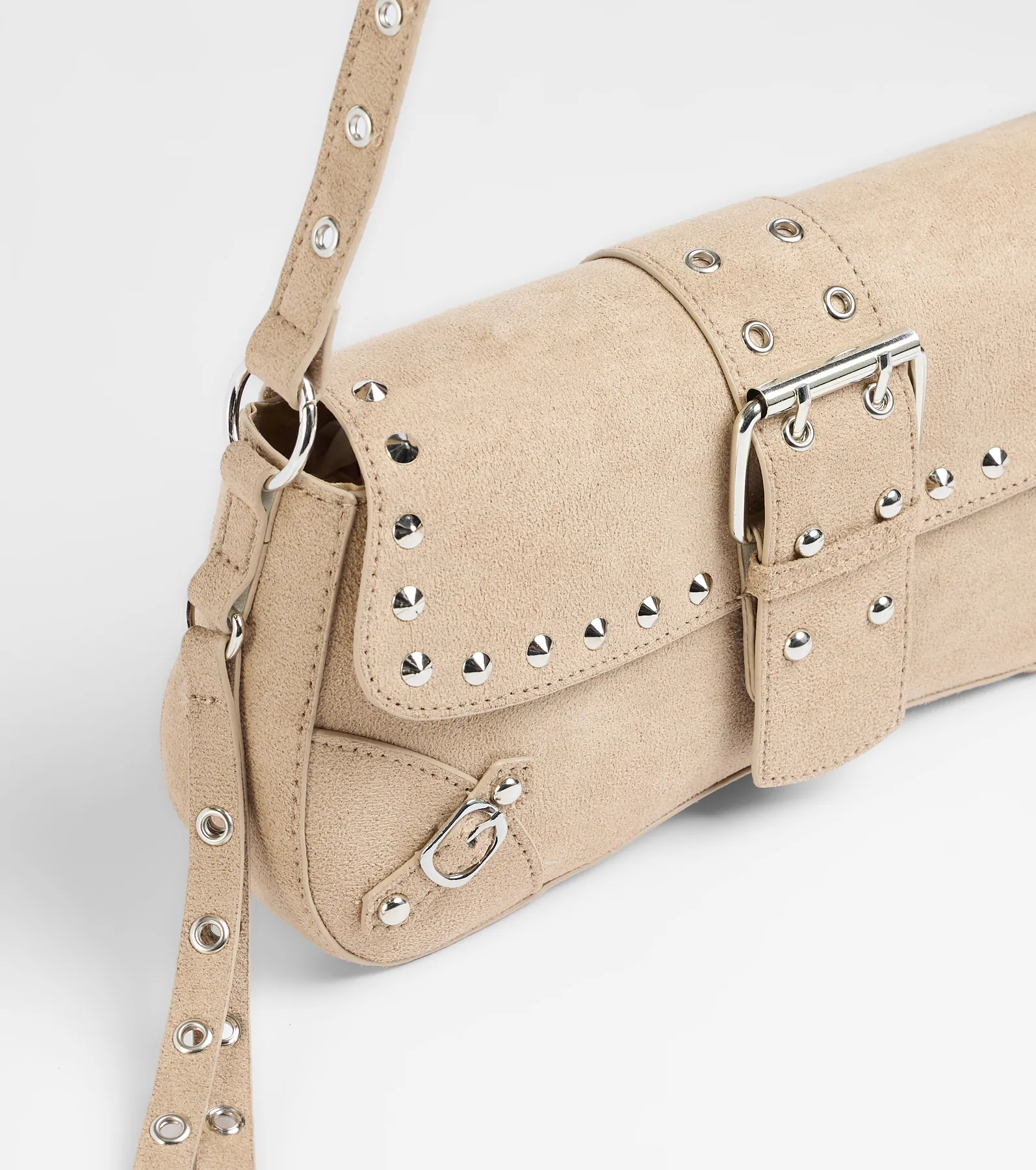 Buckle Up Faux Suede Studded Shoulder Bag