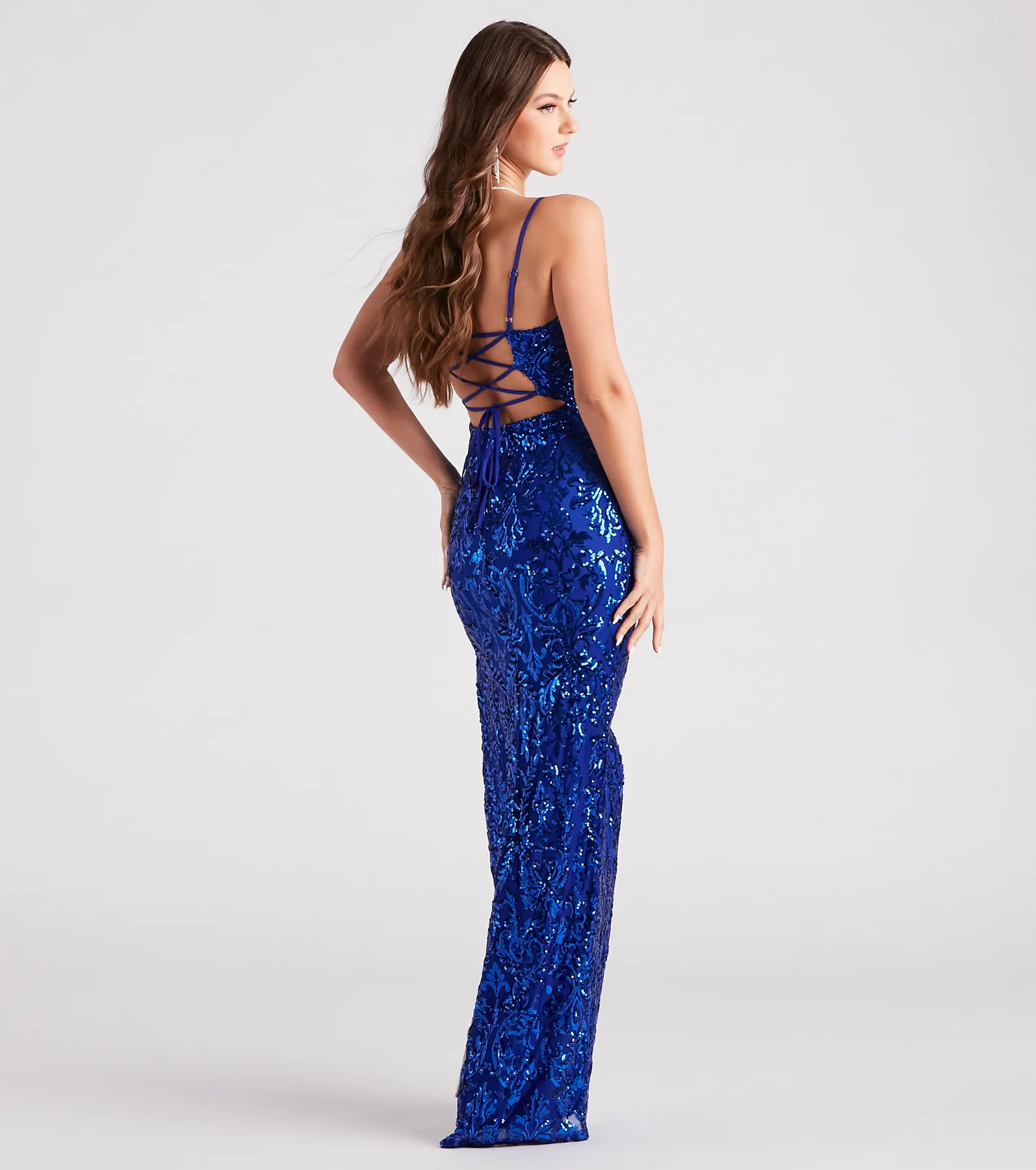 Samara Lace-Up High Slit Sequin Formal Dress