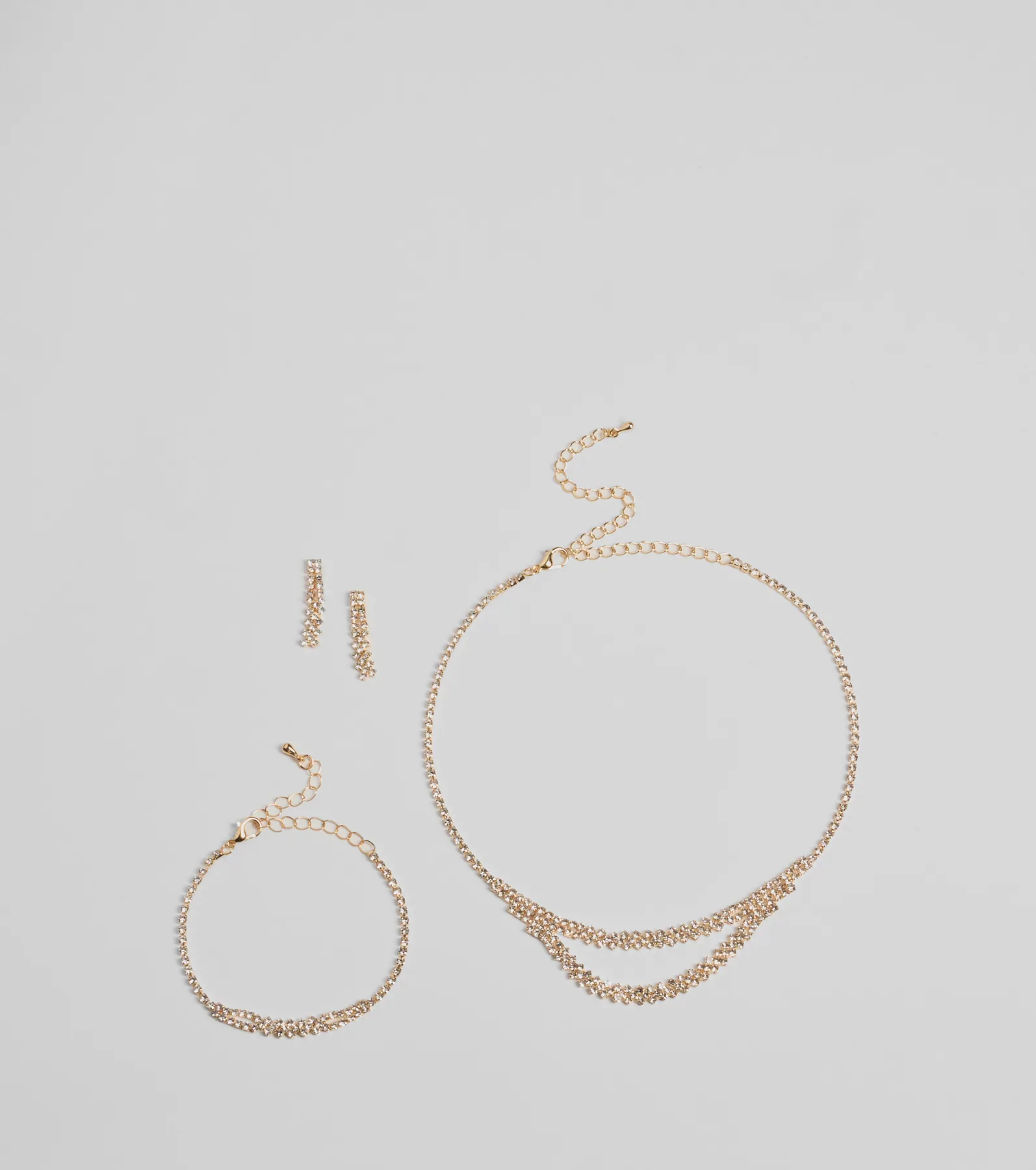Shimmering Rhinestone Necklace, Bracelet, And Earrings Set