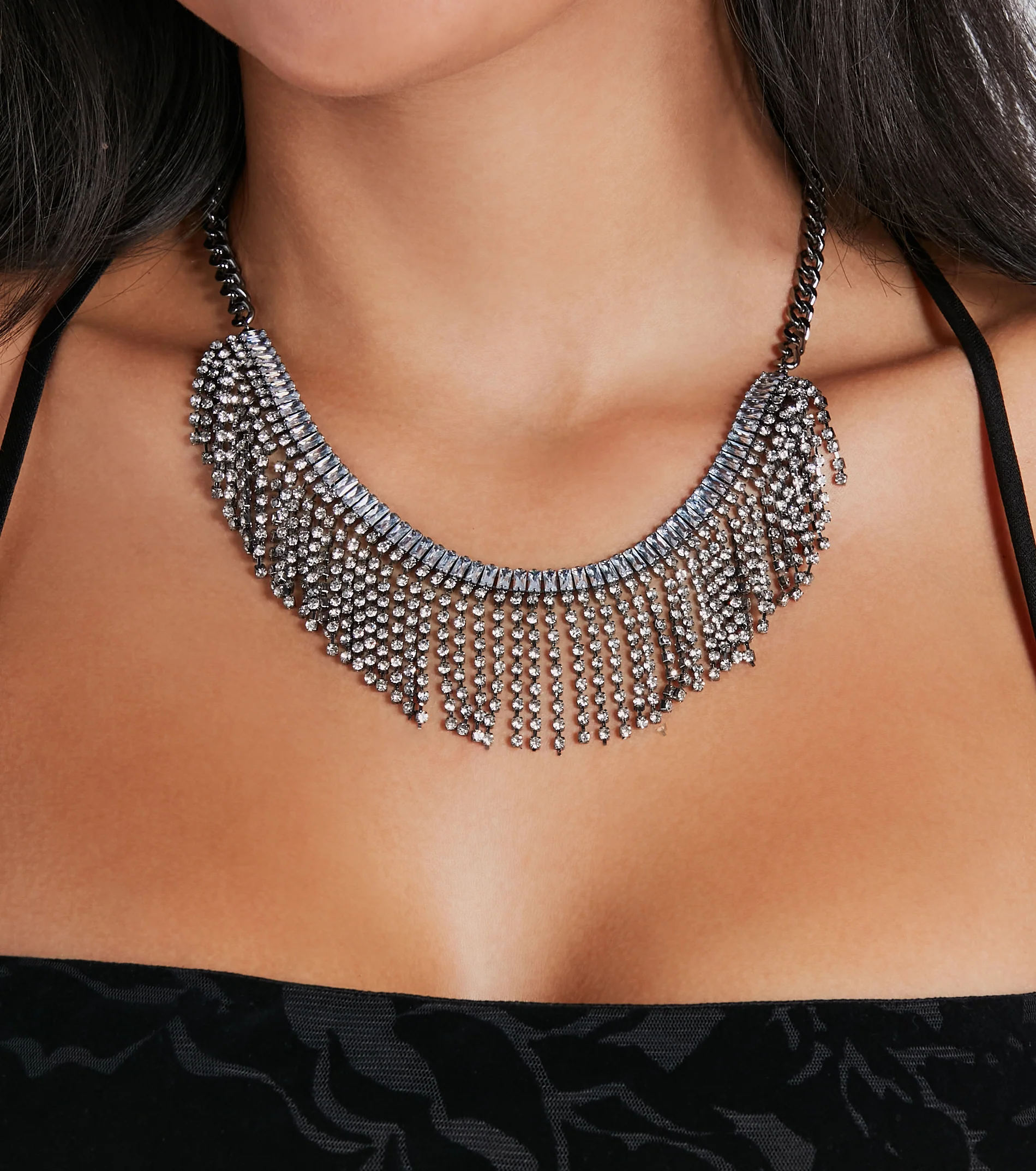 Major Glamour Rhinestone Fringe Necklace