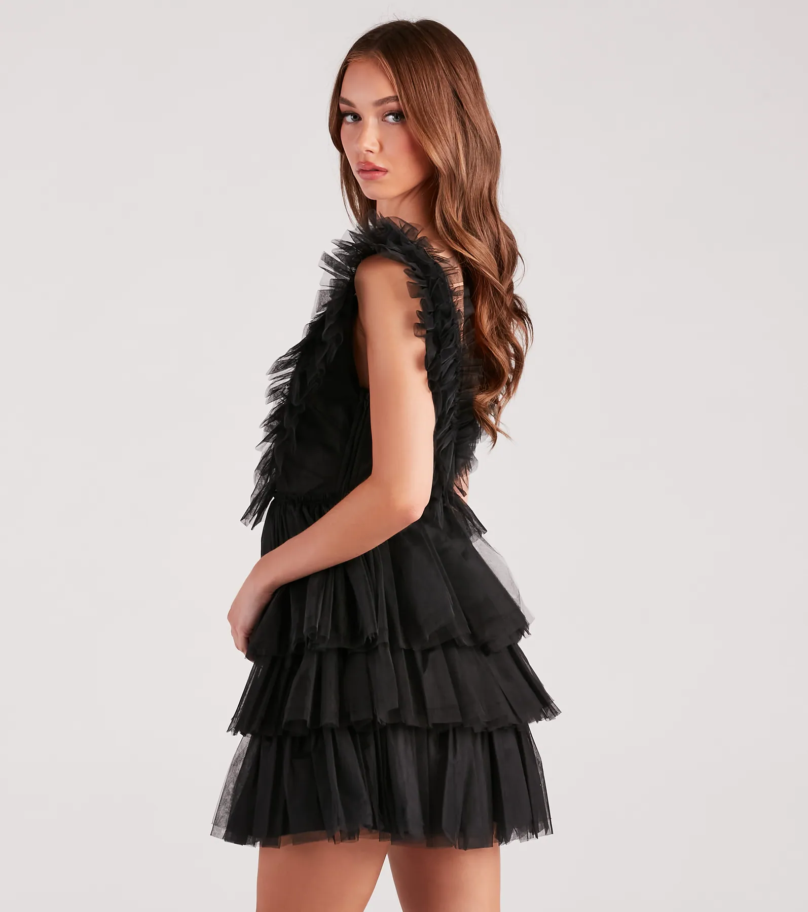 Devon Ruffled Tulle V-Neck Party Dress