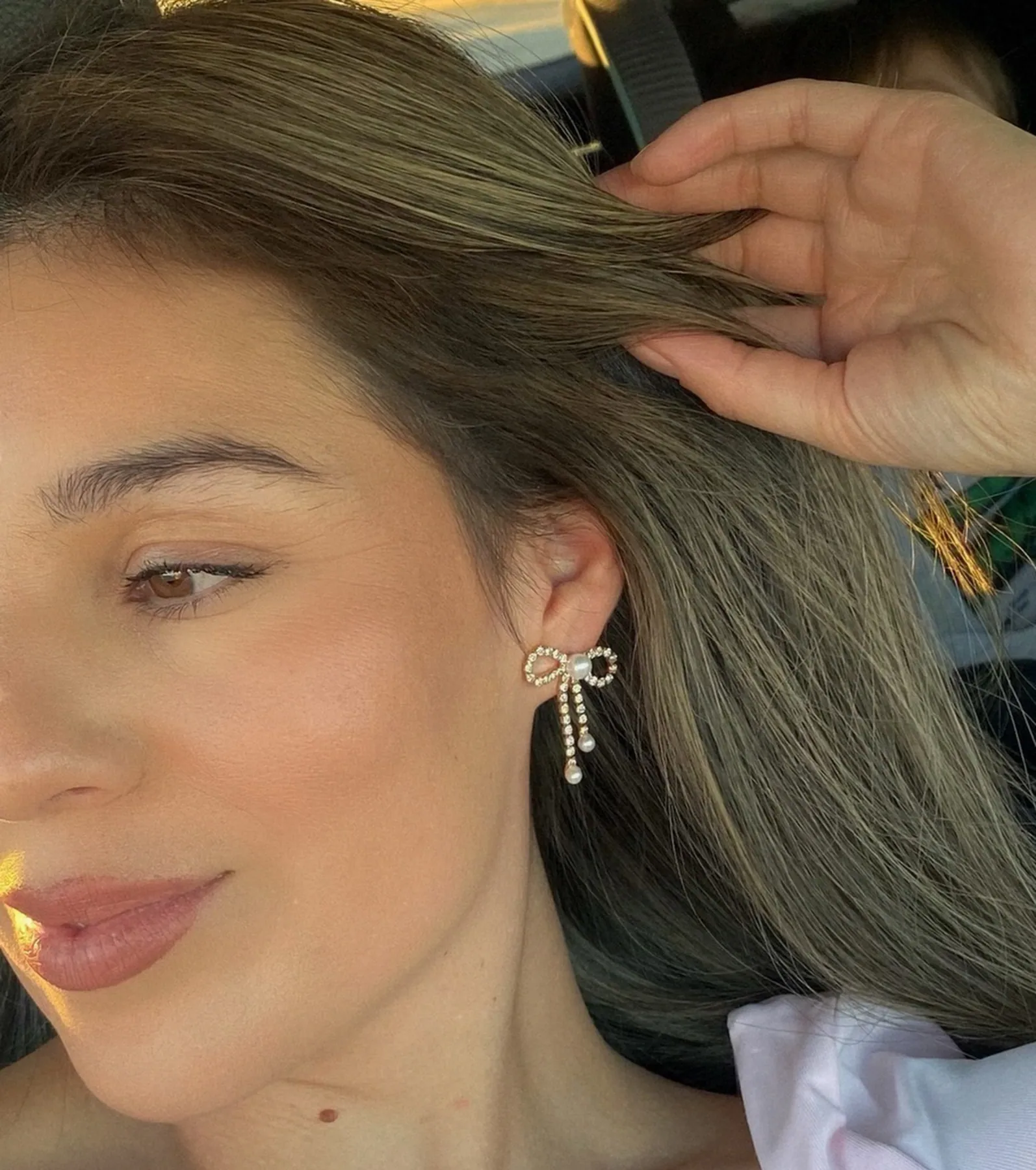 Perfect Glamour Faux Pearl Rhinestone Bow Earrings