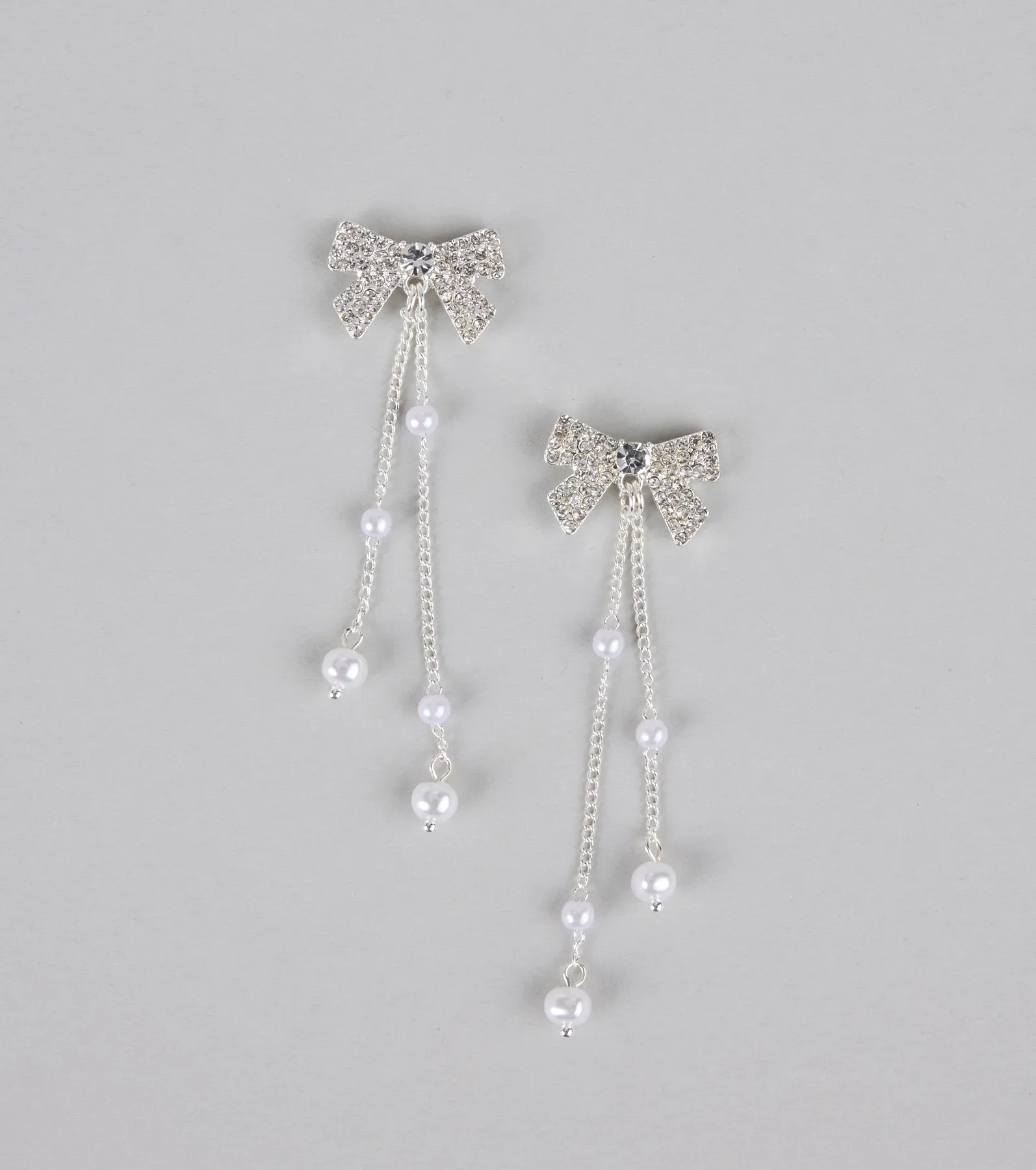 Darling Drama Rhinestone Bow Pearl Drop Earrings