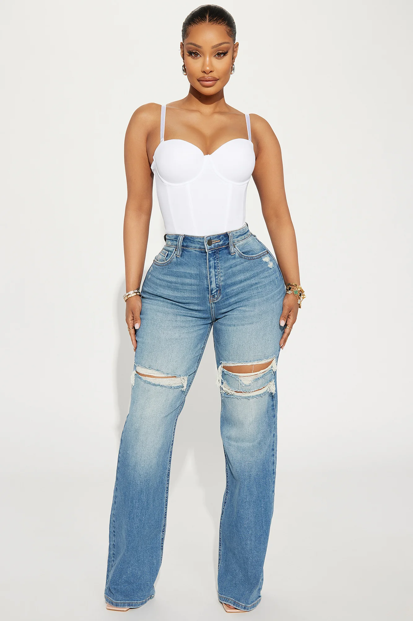 Remi Ripped Stretch Baggy Jeans - Medium Wash