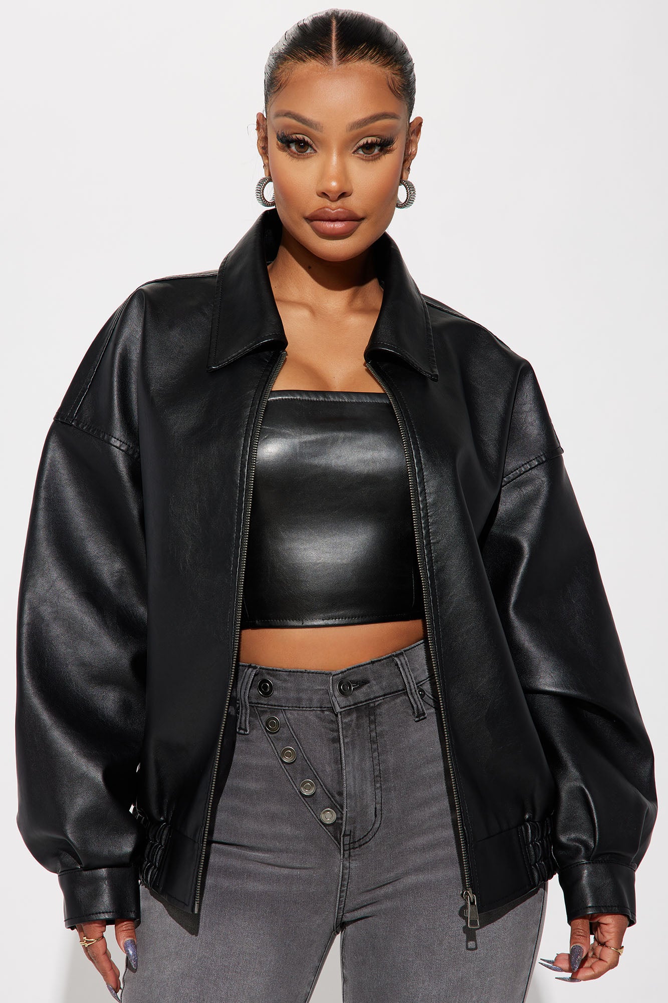 Hustle Mode Oversized Faux Leather Jacket - Black