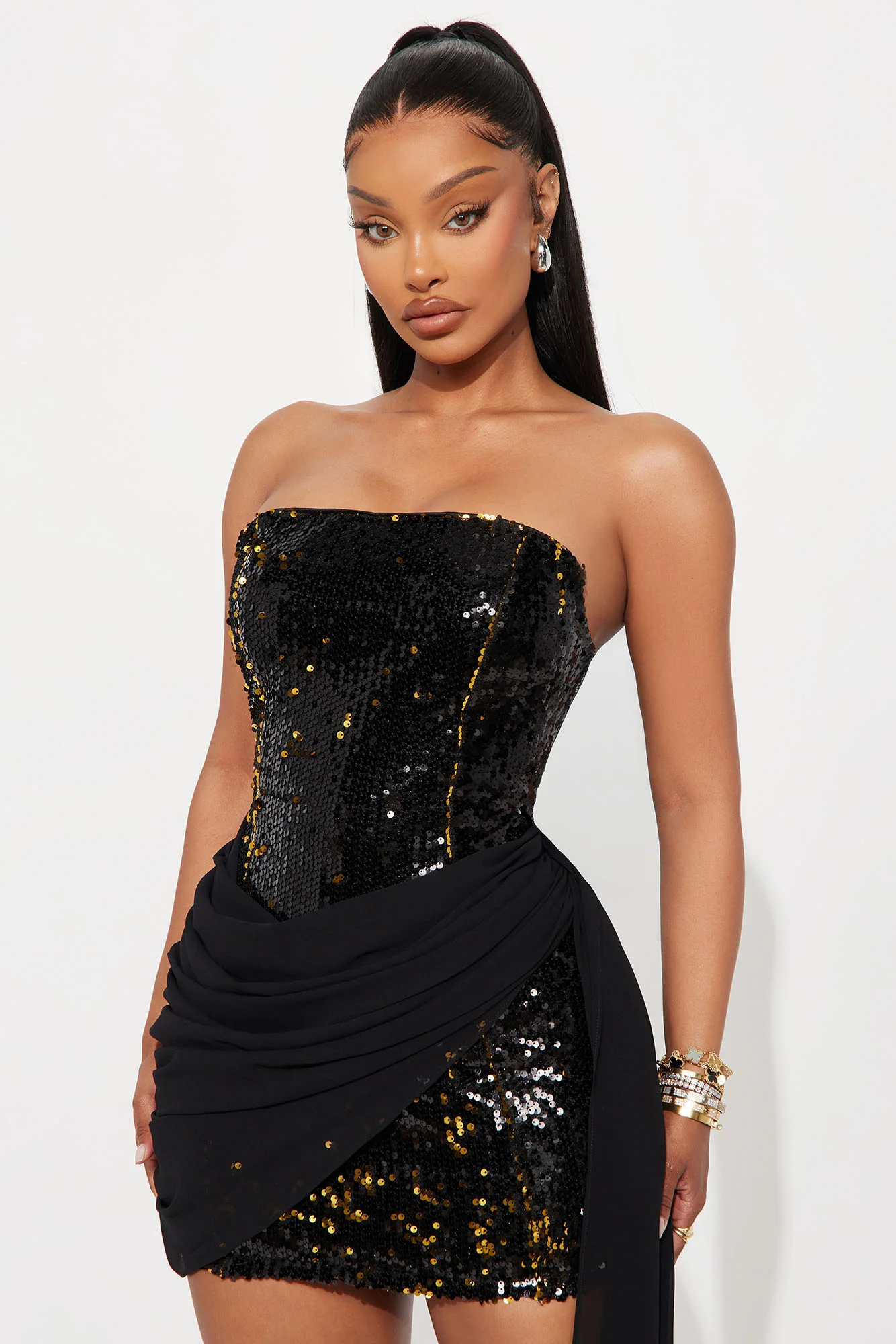 Glow Off Draped Sequin Mini Dress - Black