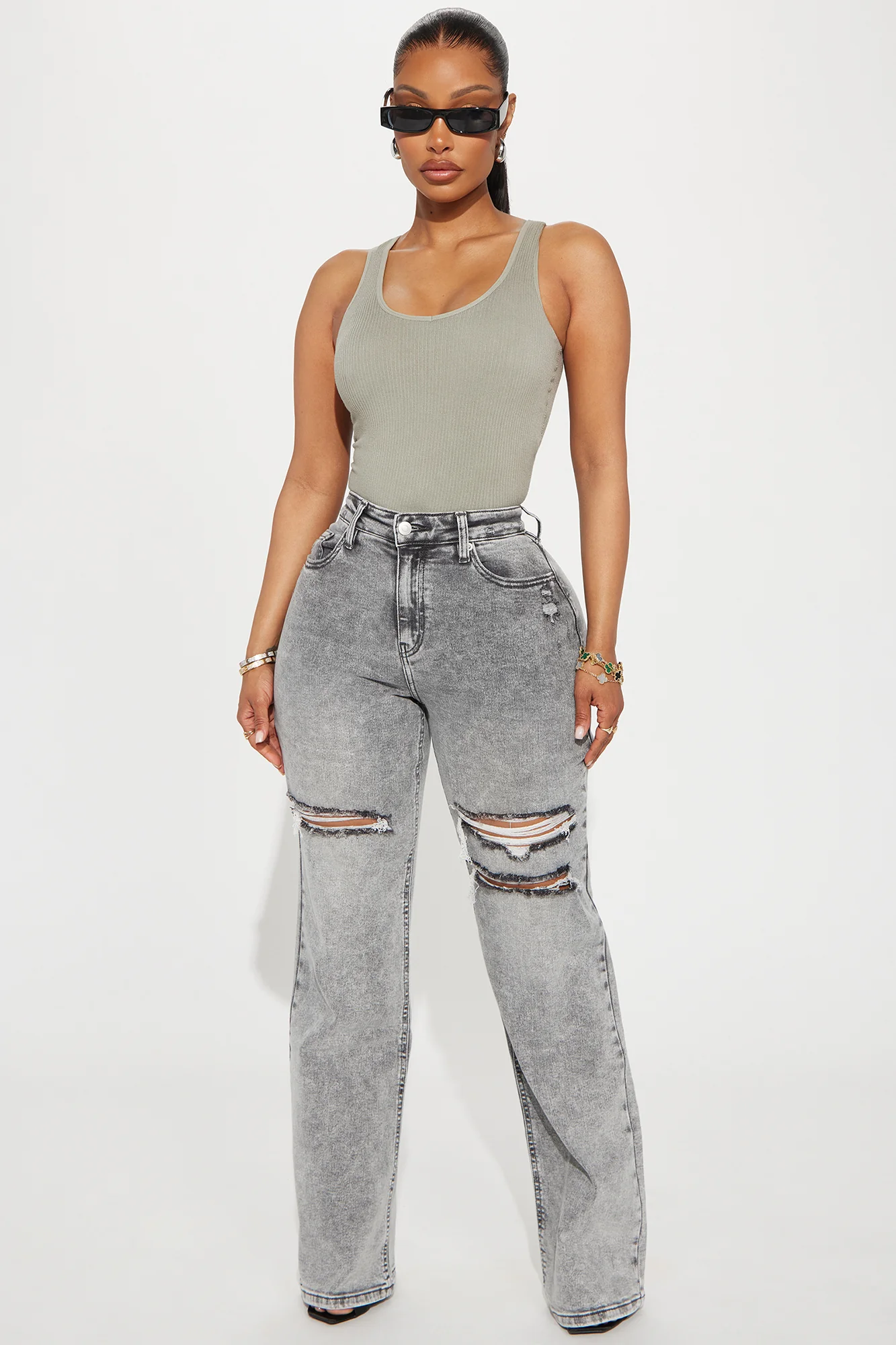 Remi Ripped Stretch Baggy Jeans - Grey