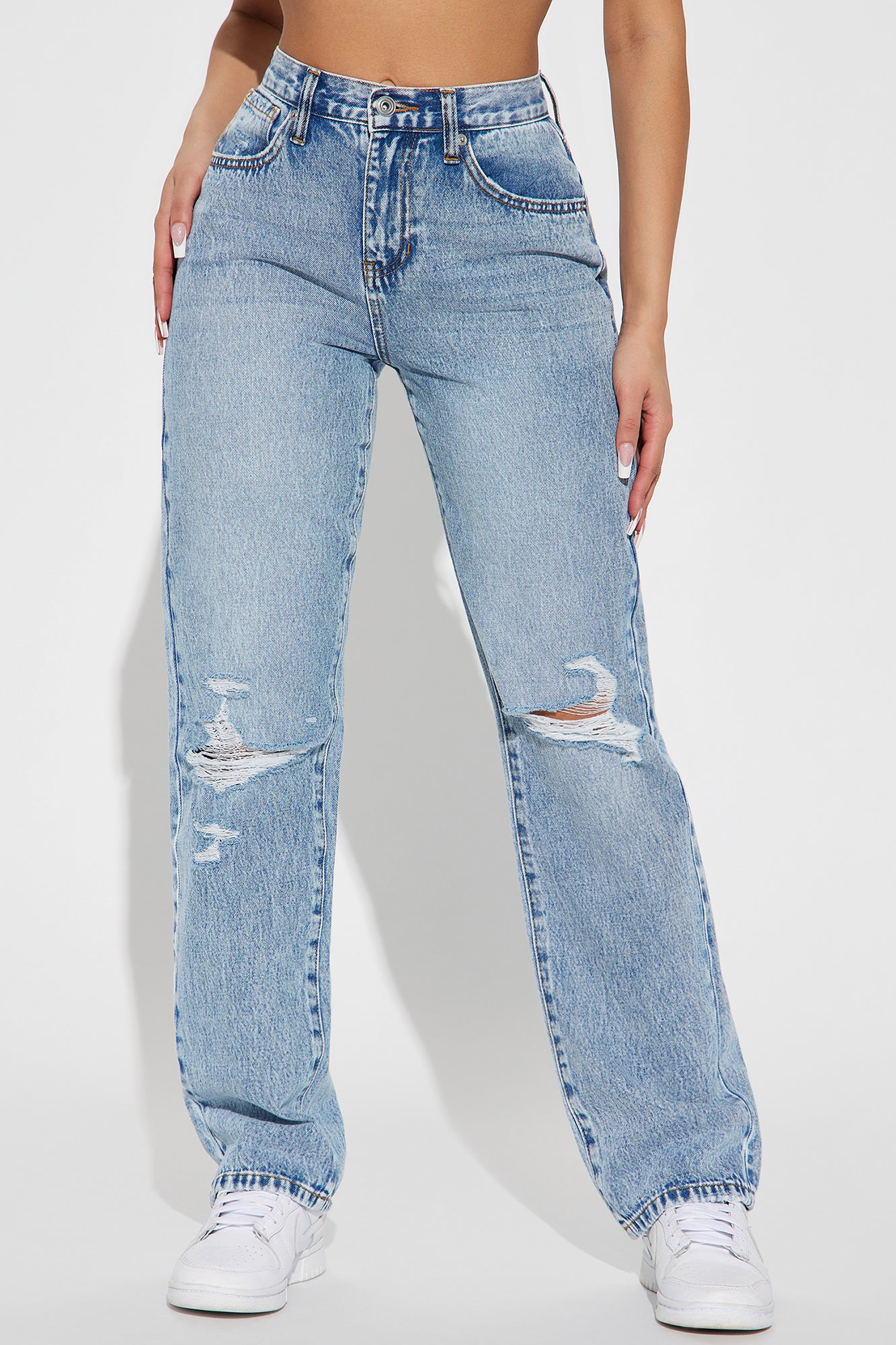 Only One Non Stretch Ripped Straight Leg Jean - Medium Wash