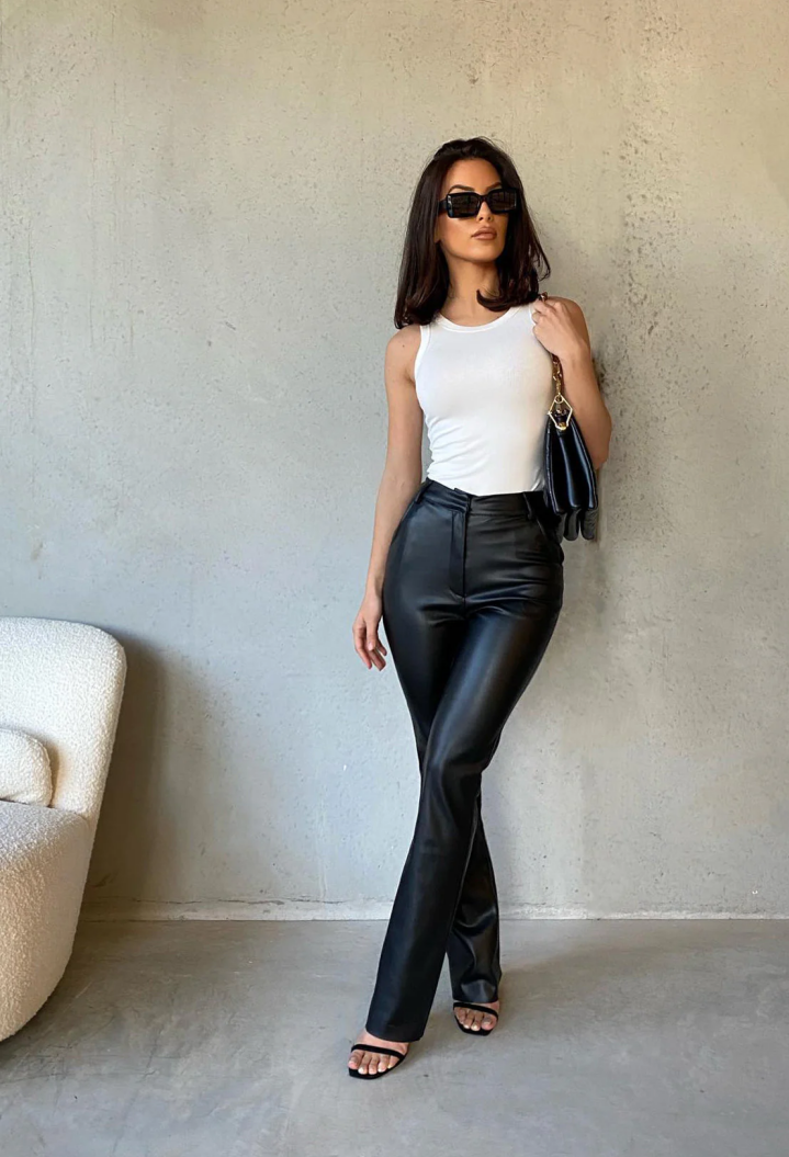 Straight Leg Faux Leather Pants - Black