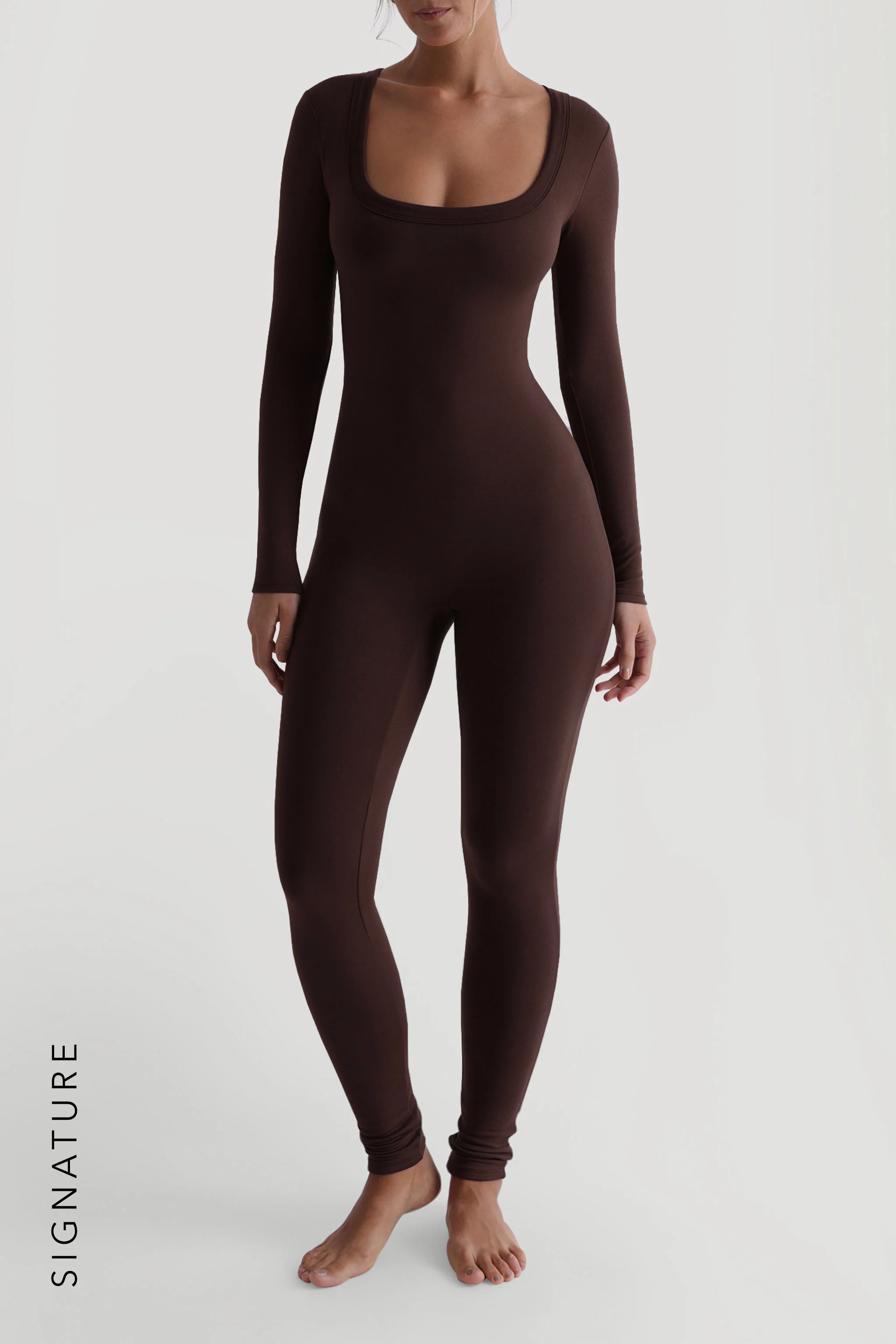 U-Shape Long Sleeve Jumpsuit - Chocolate
