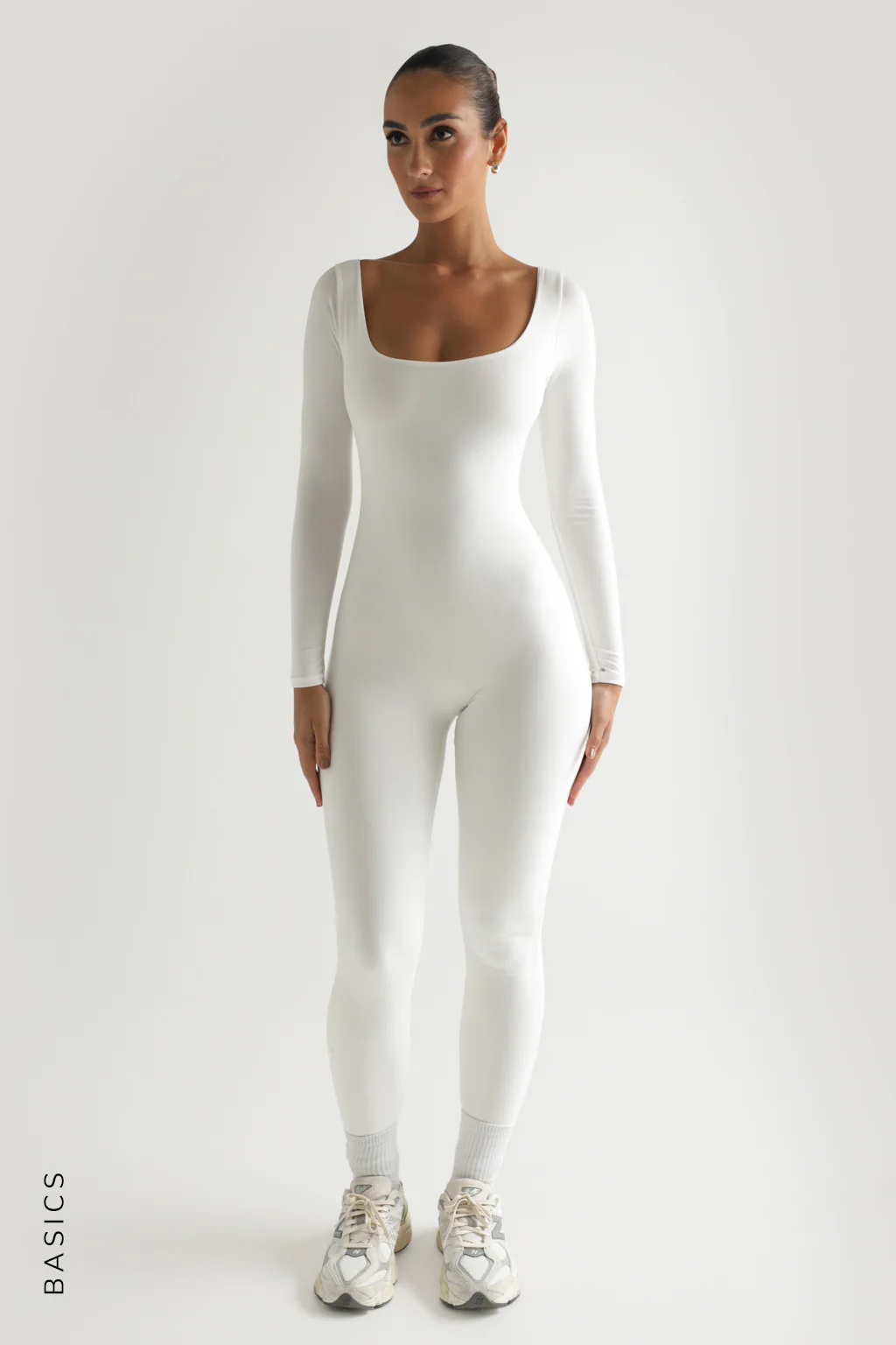 Round Neck Long Sleeve Jumpsuit - White