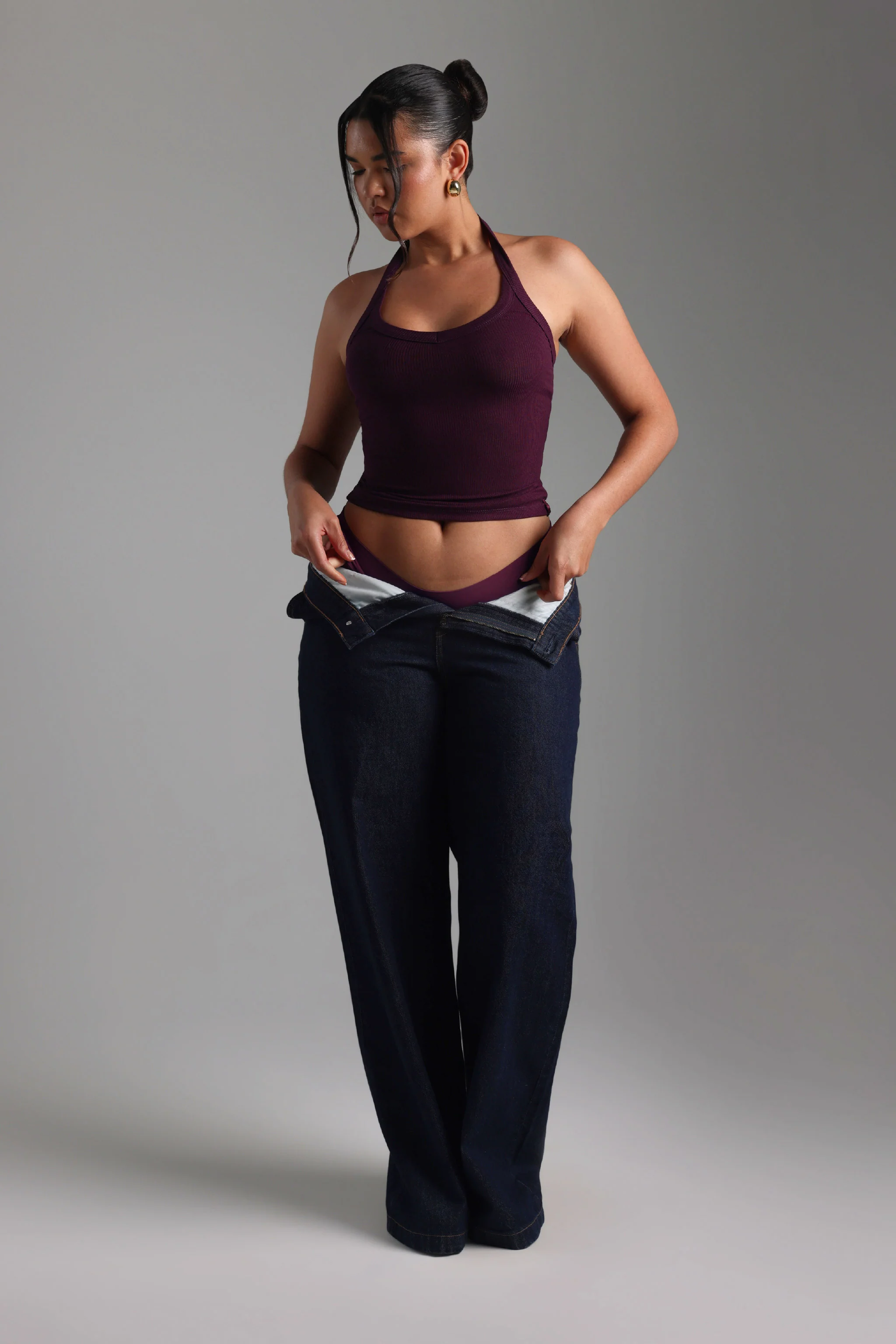 V-Neck Micro-Ribbed Halter Top - Grape