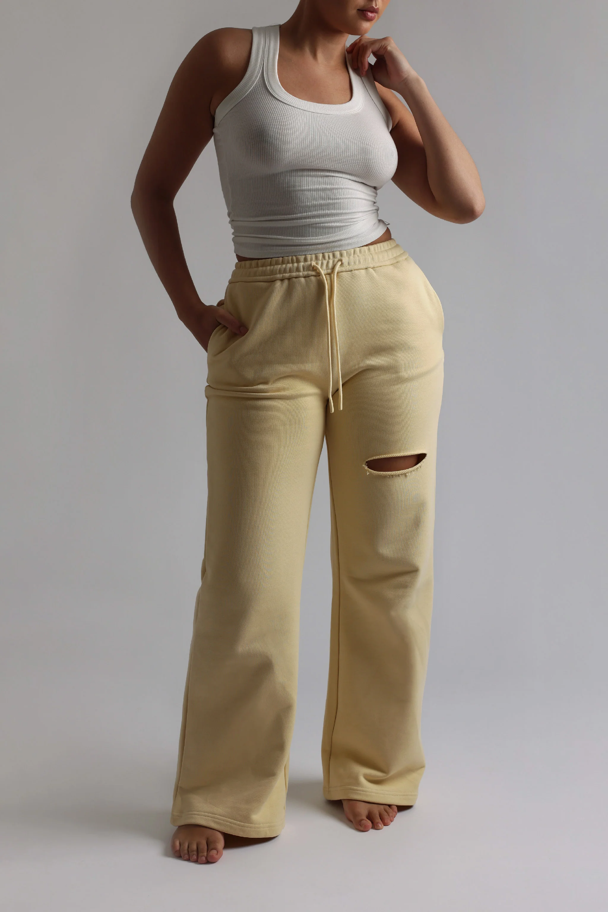 Cut-Out Wide Leg Sweatpants - Soft Yellow