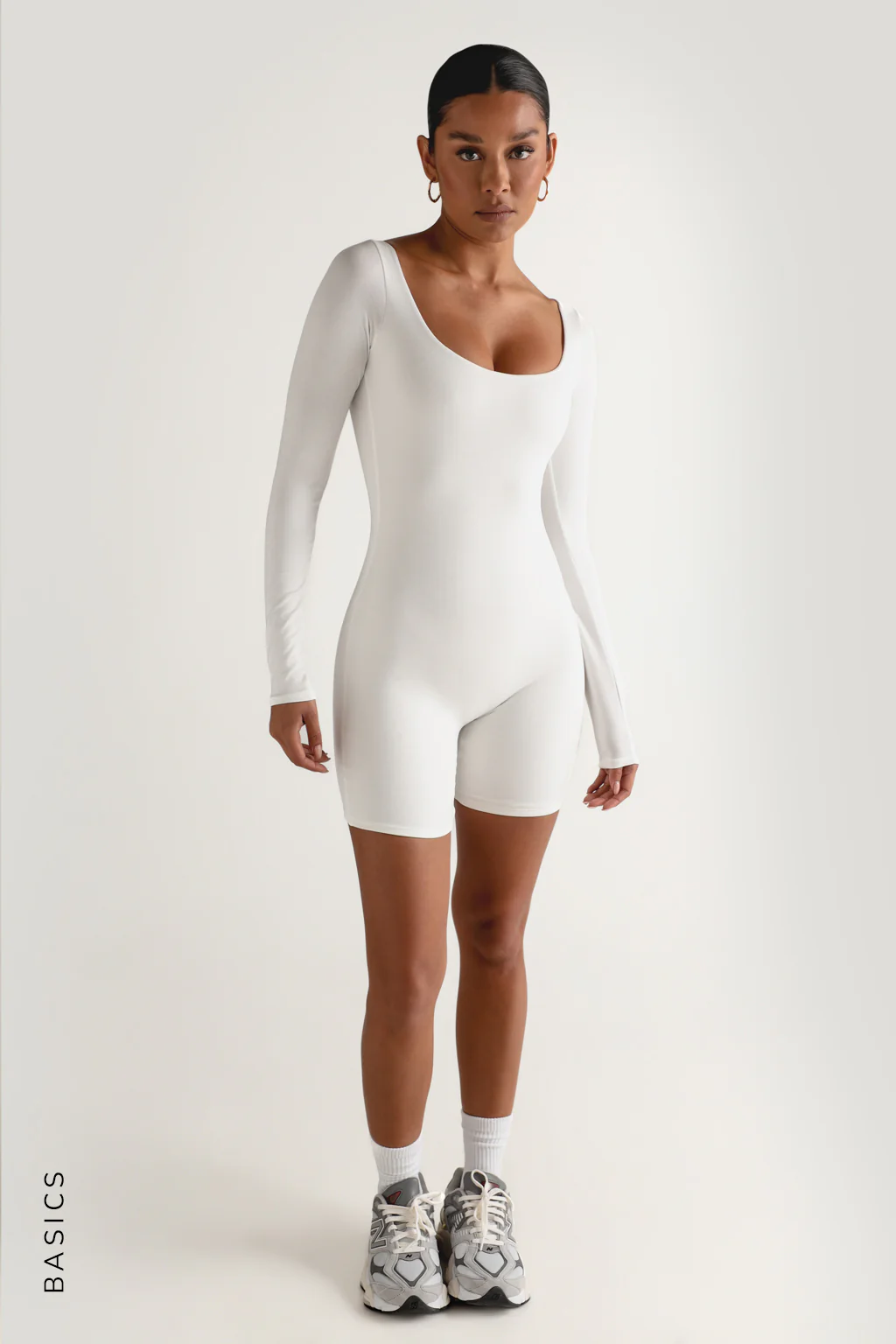 Round Neck Long Sleeve Romper - White