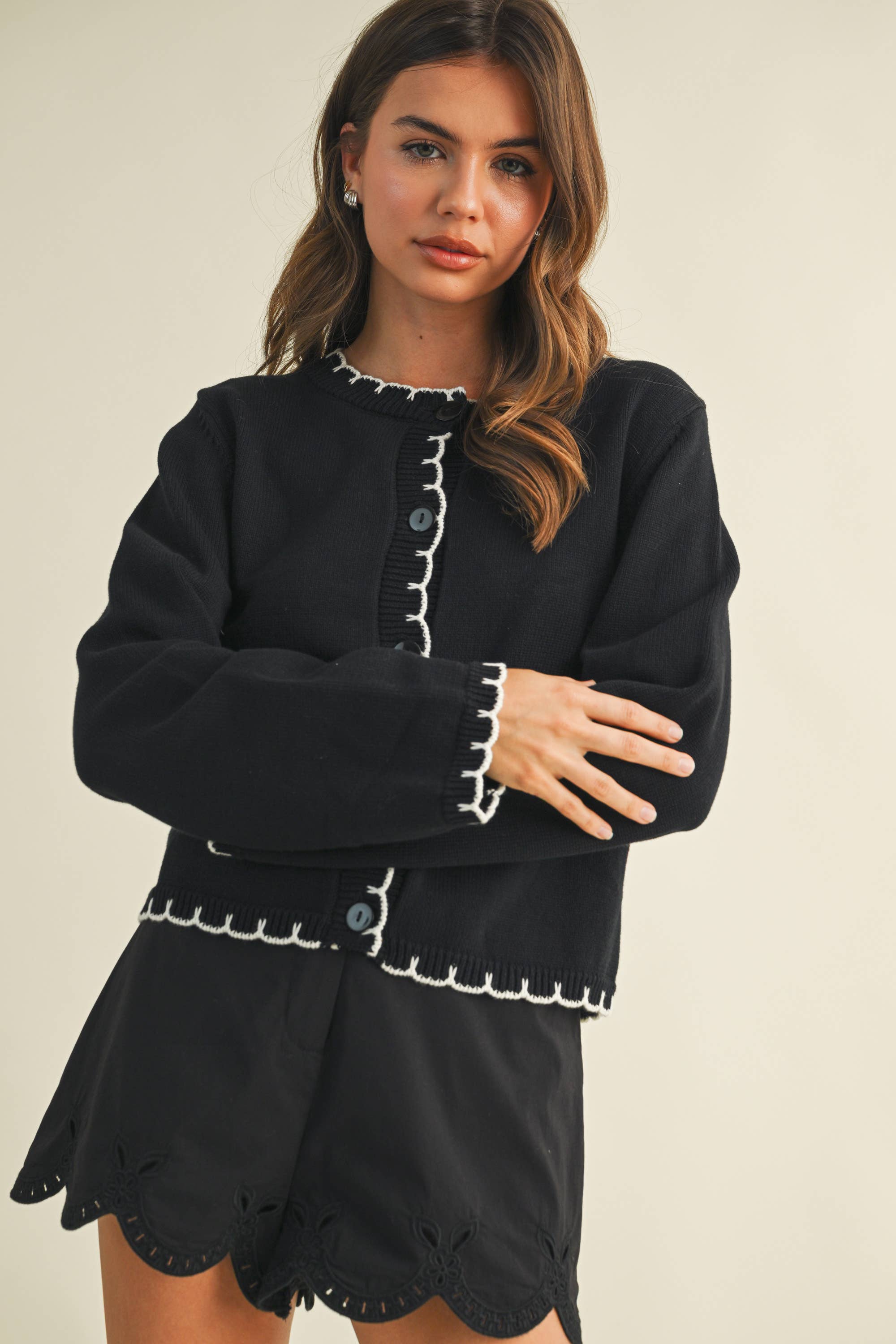 Black Contrast Stitch Cardigan