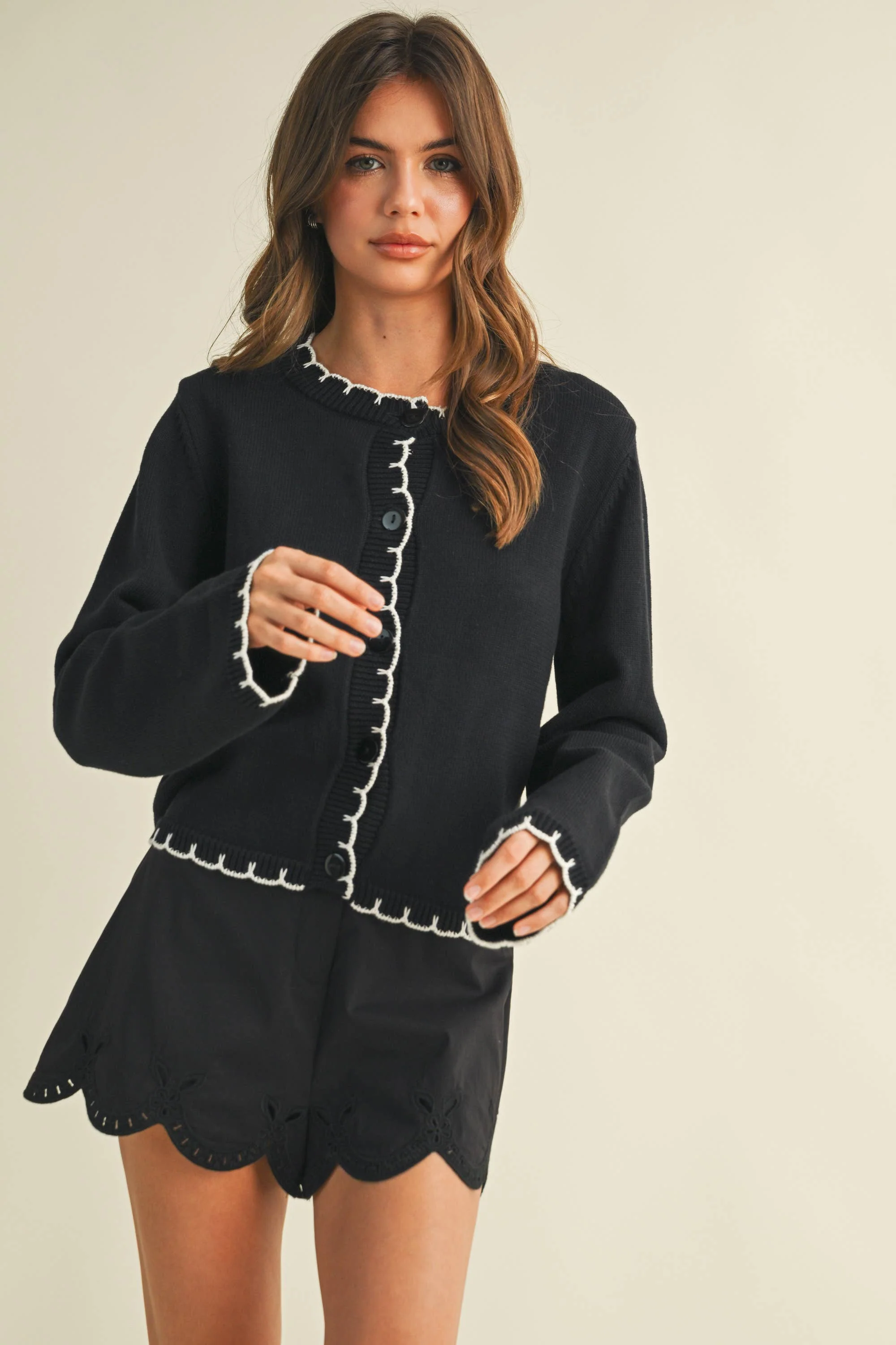 Black Contrast Stitch Cardigan