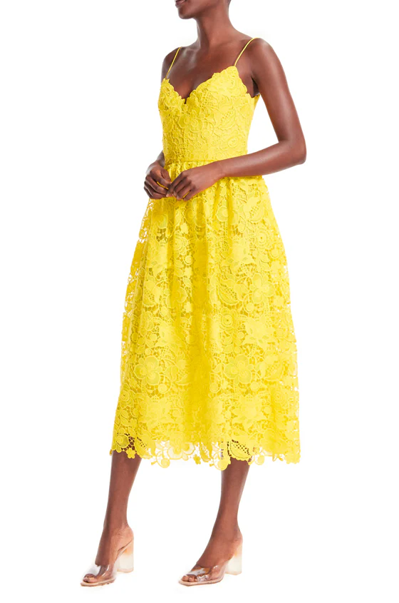 Yellow Guipure Lace Tea Length Dress