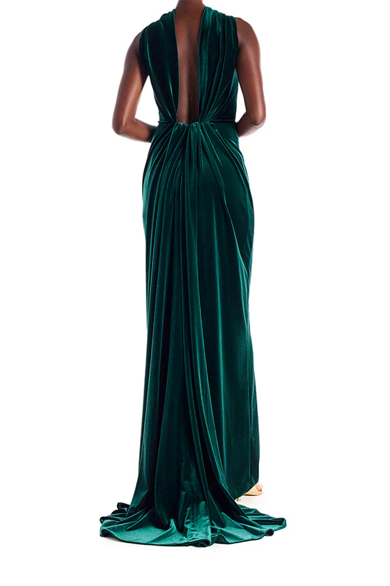 Velour Open Back Draped Gown