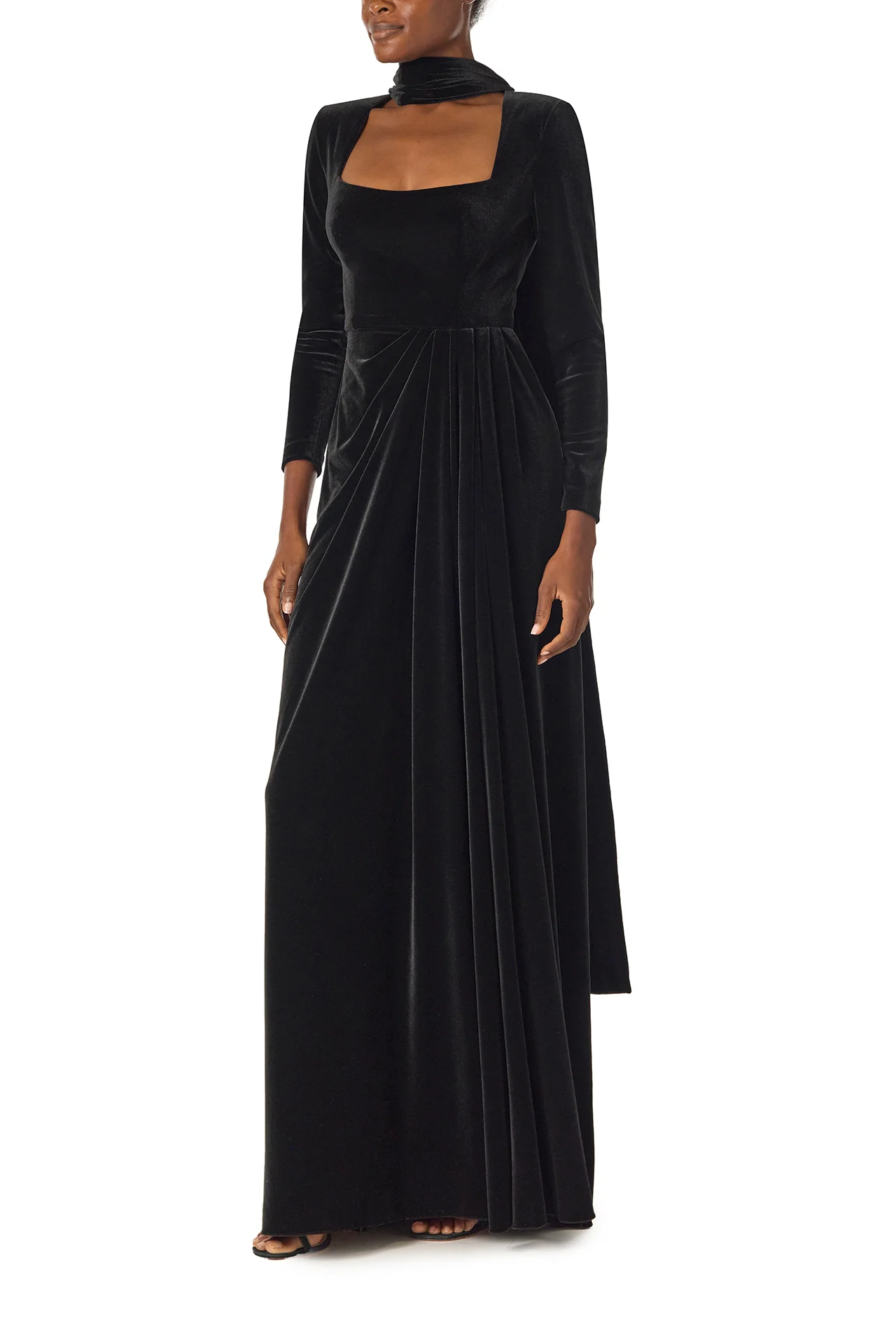 Long Sleeve Velour Gown With Scarf
