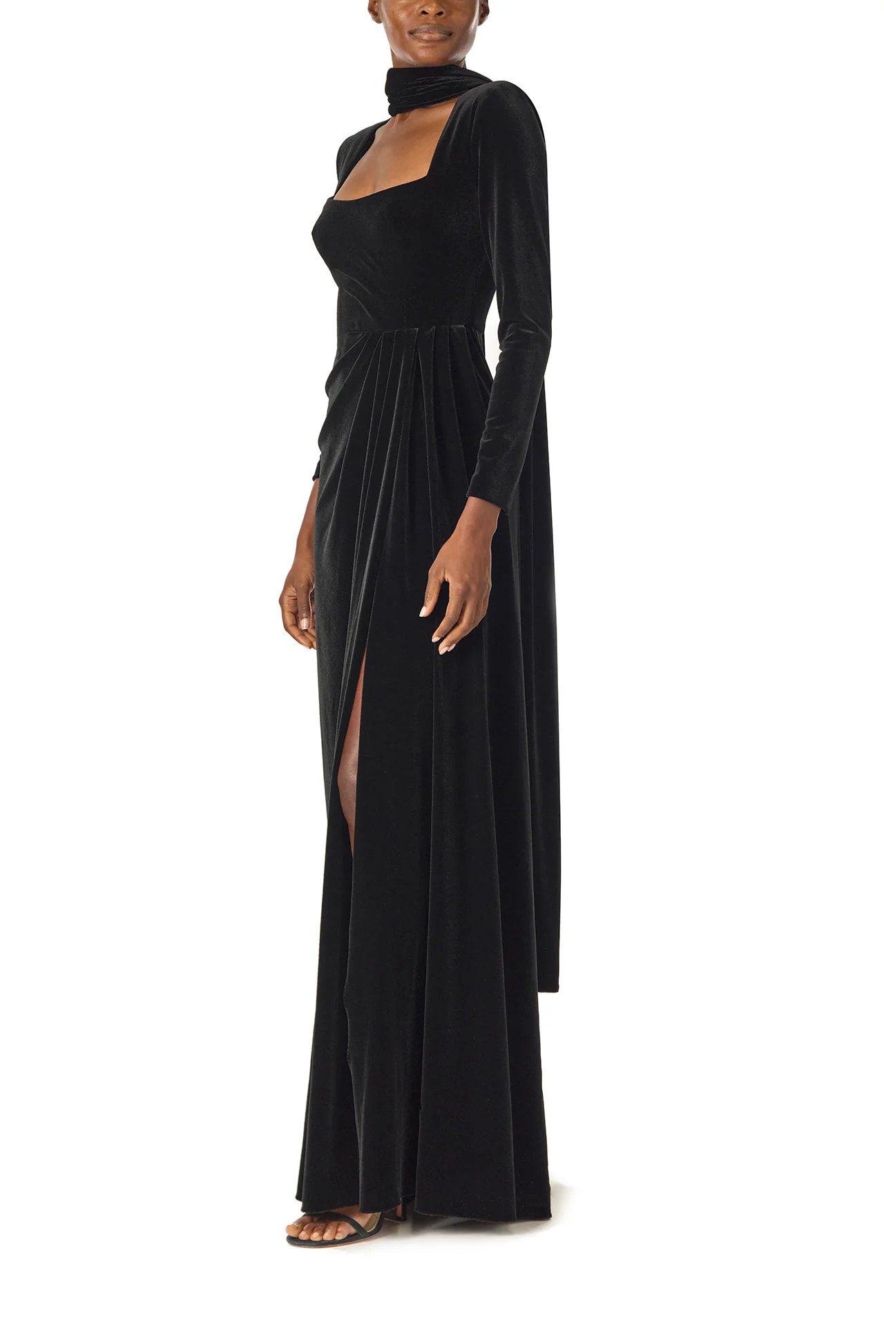 Long Sleeve Velour Gown With Scarf
