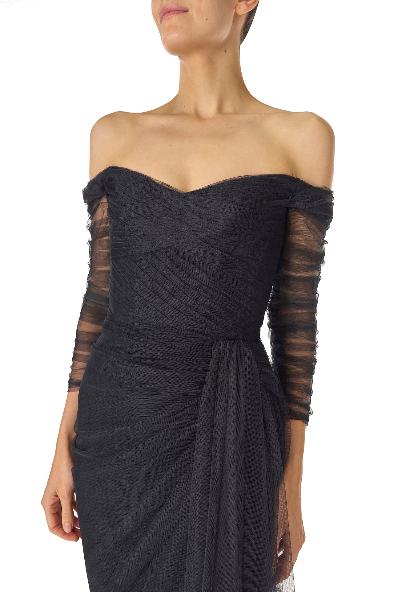 Off The Shoulder Draped Tulle Gown