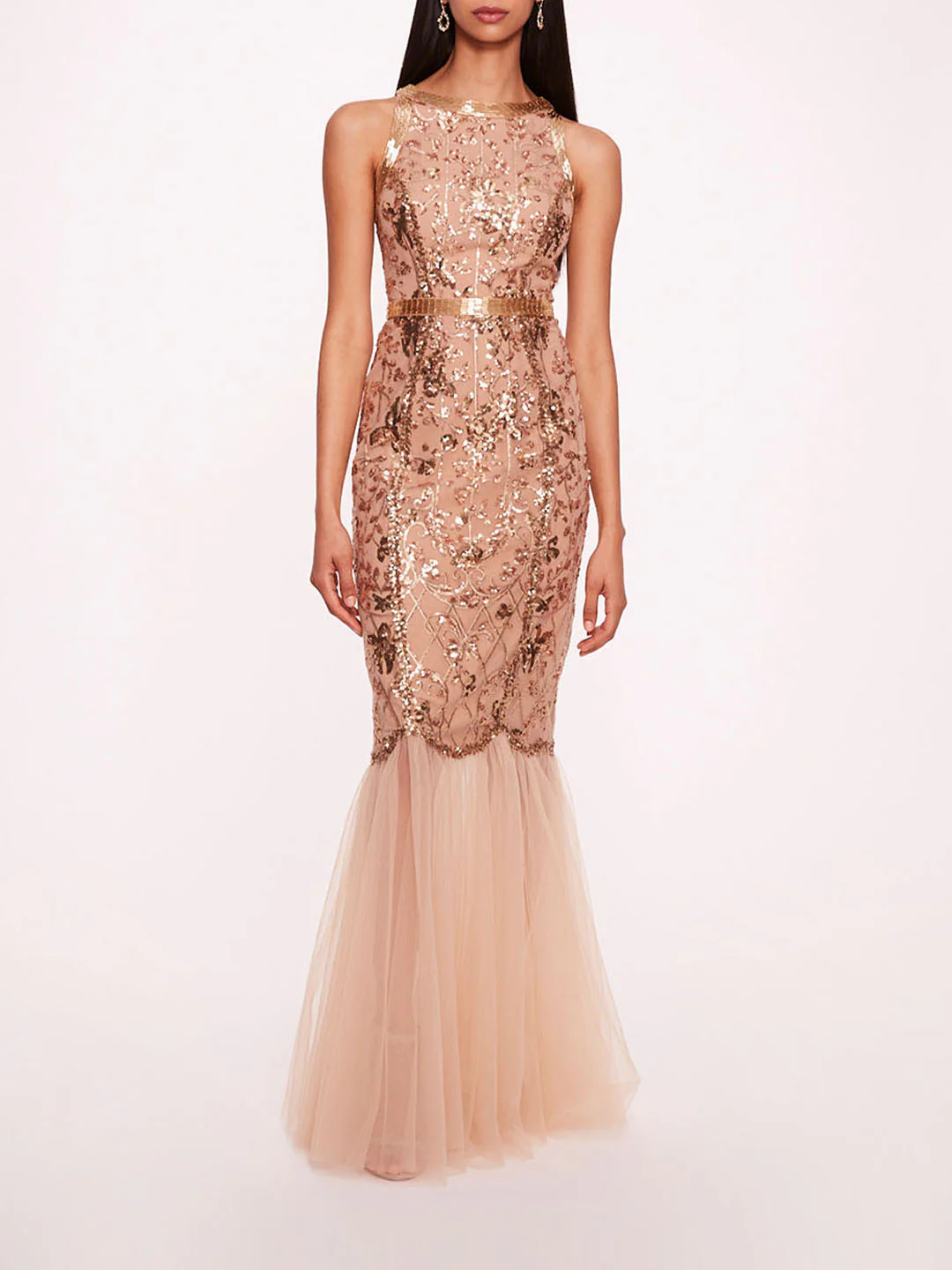 Sequin Lattice Strapless Gown