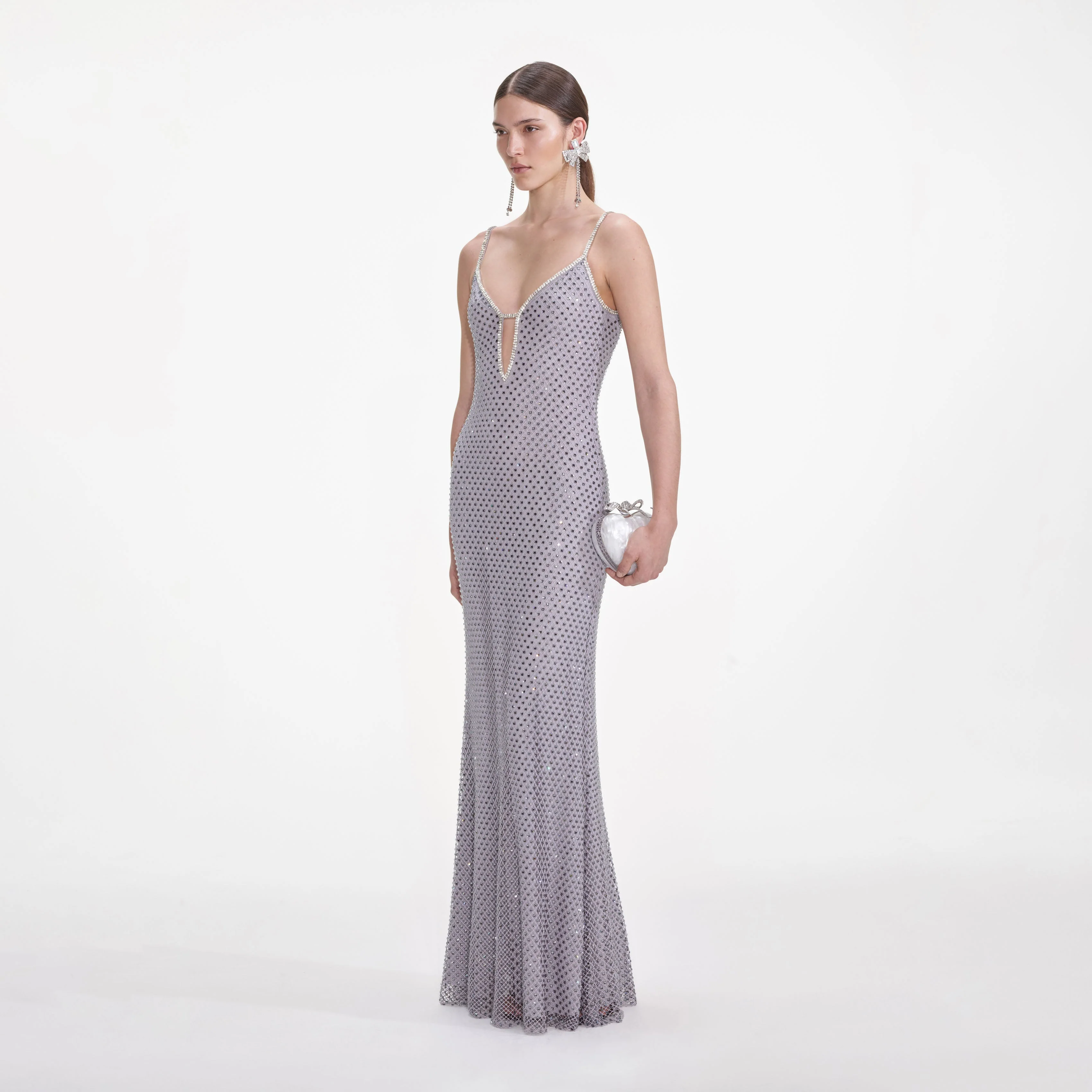 Grey Square Rhinestone Fishnet Maxi Dress