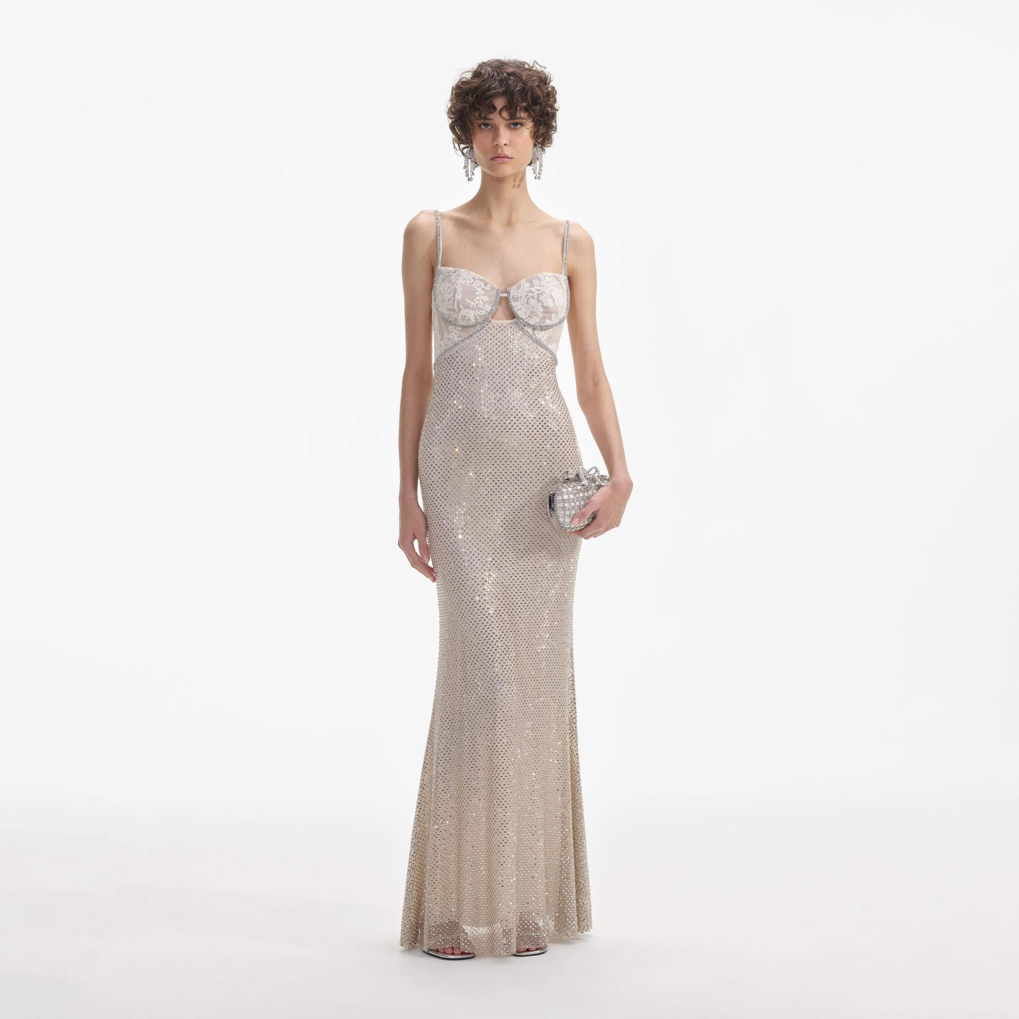 Cream Rhinestone Mesh Maxi Dress