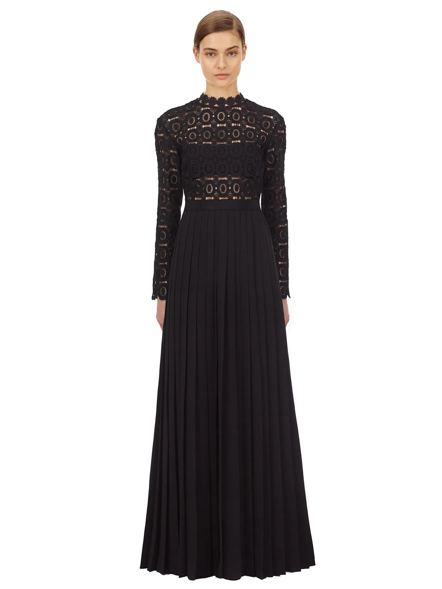 Pleated Crochet Floral Maxi Dress Black