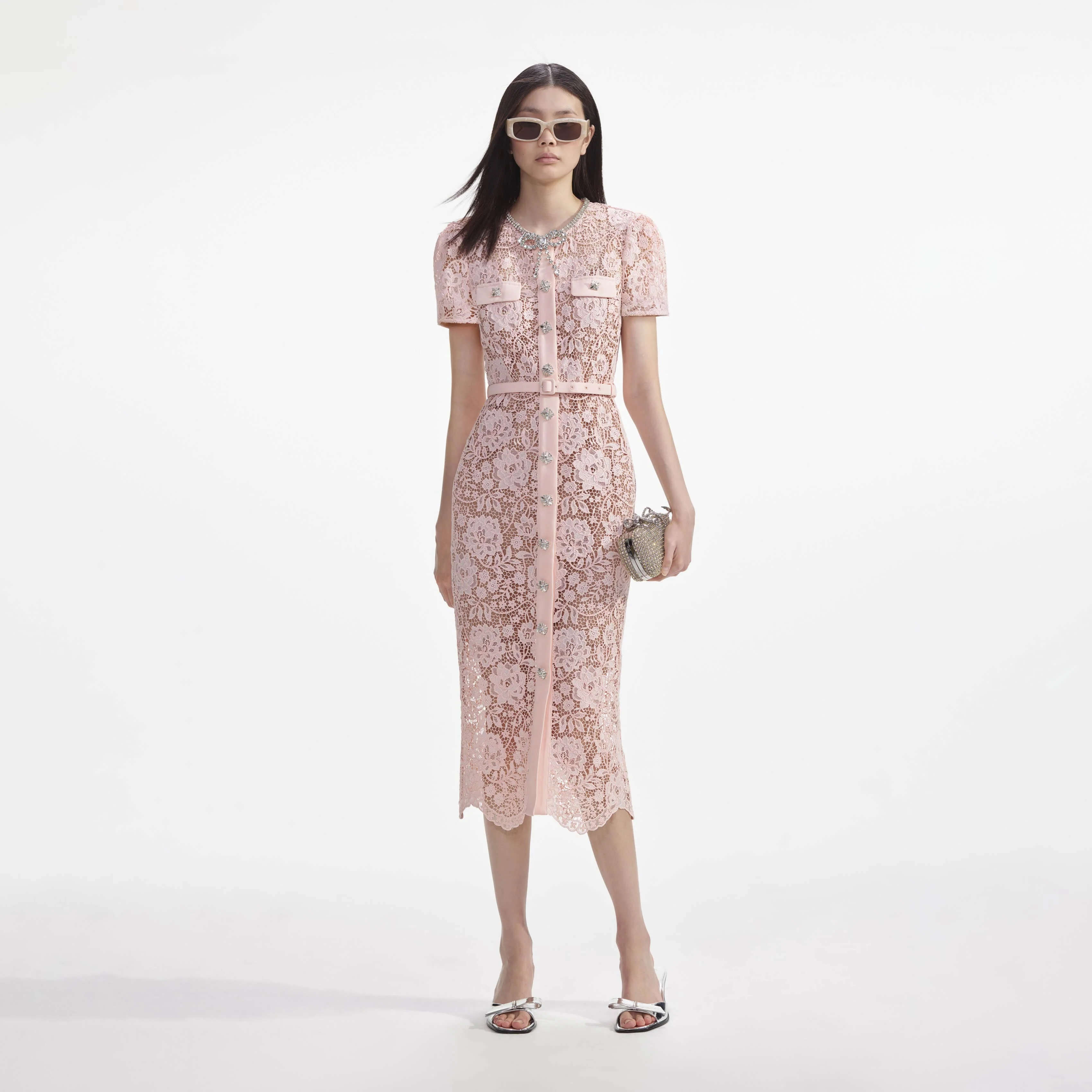 Pink Lace Diamante Bow Midi Dress