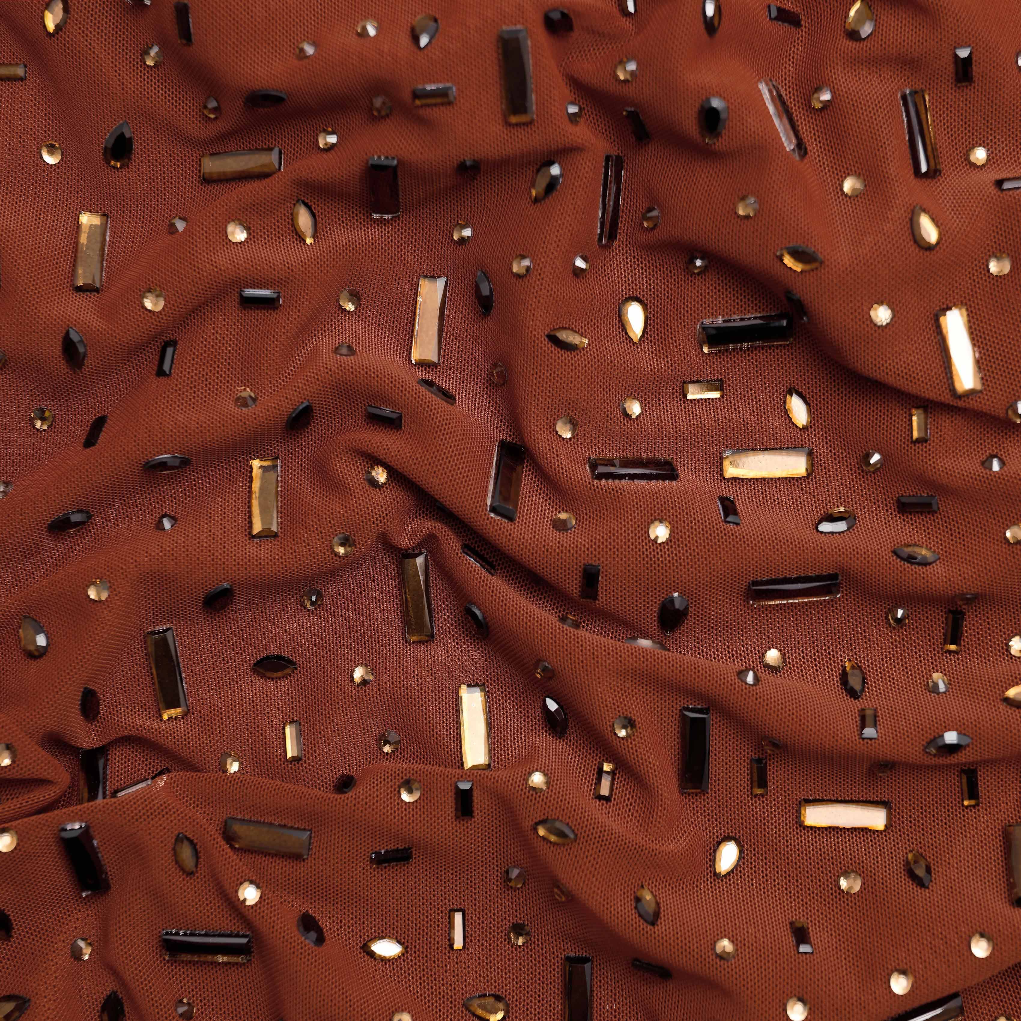 Brown Square Rhinestone Mesh Midi Dress