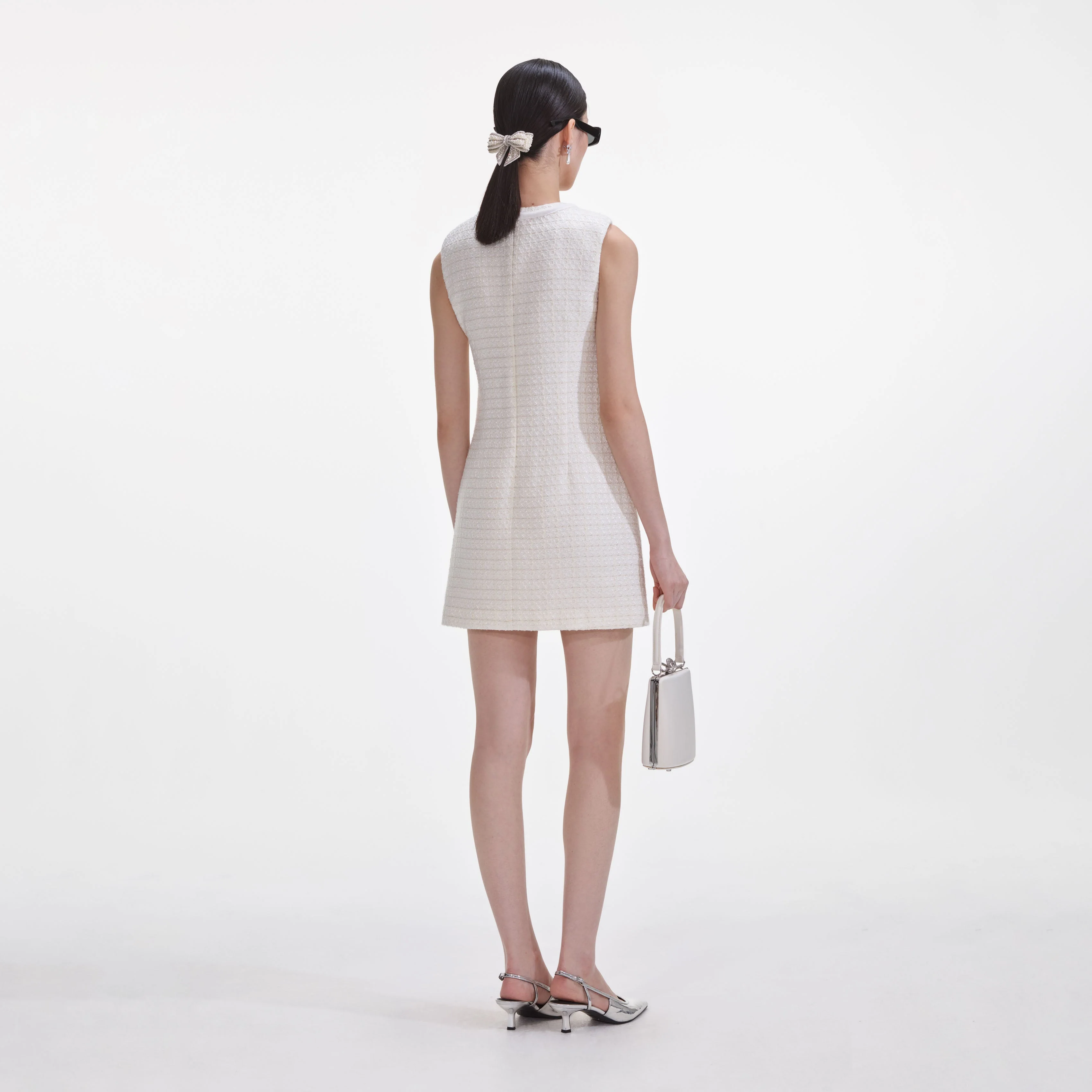 Cream Boucle Bow Mini Dress