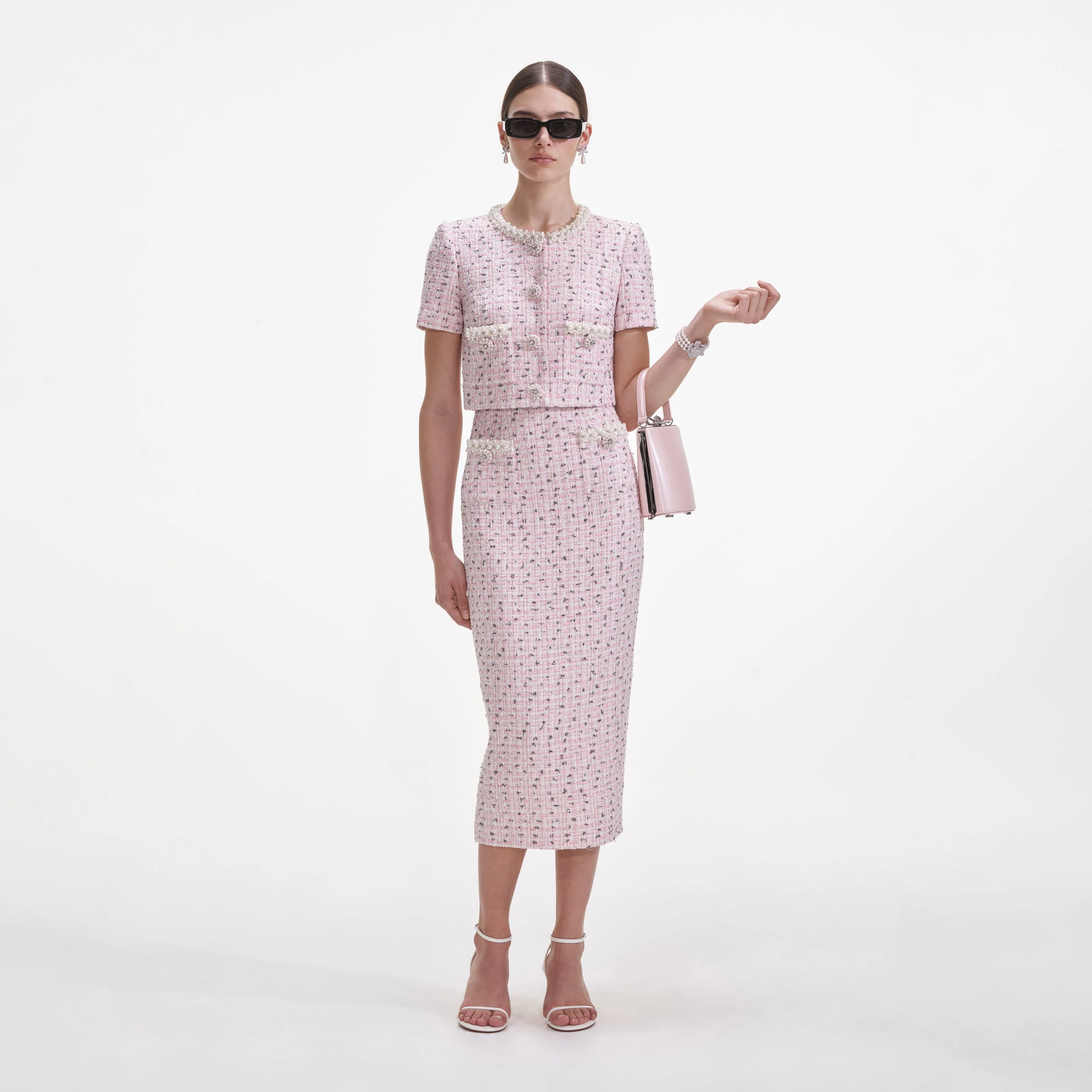 Pink Boucle Pearl Midi Skirt