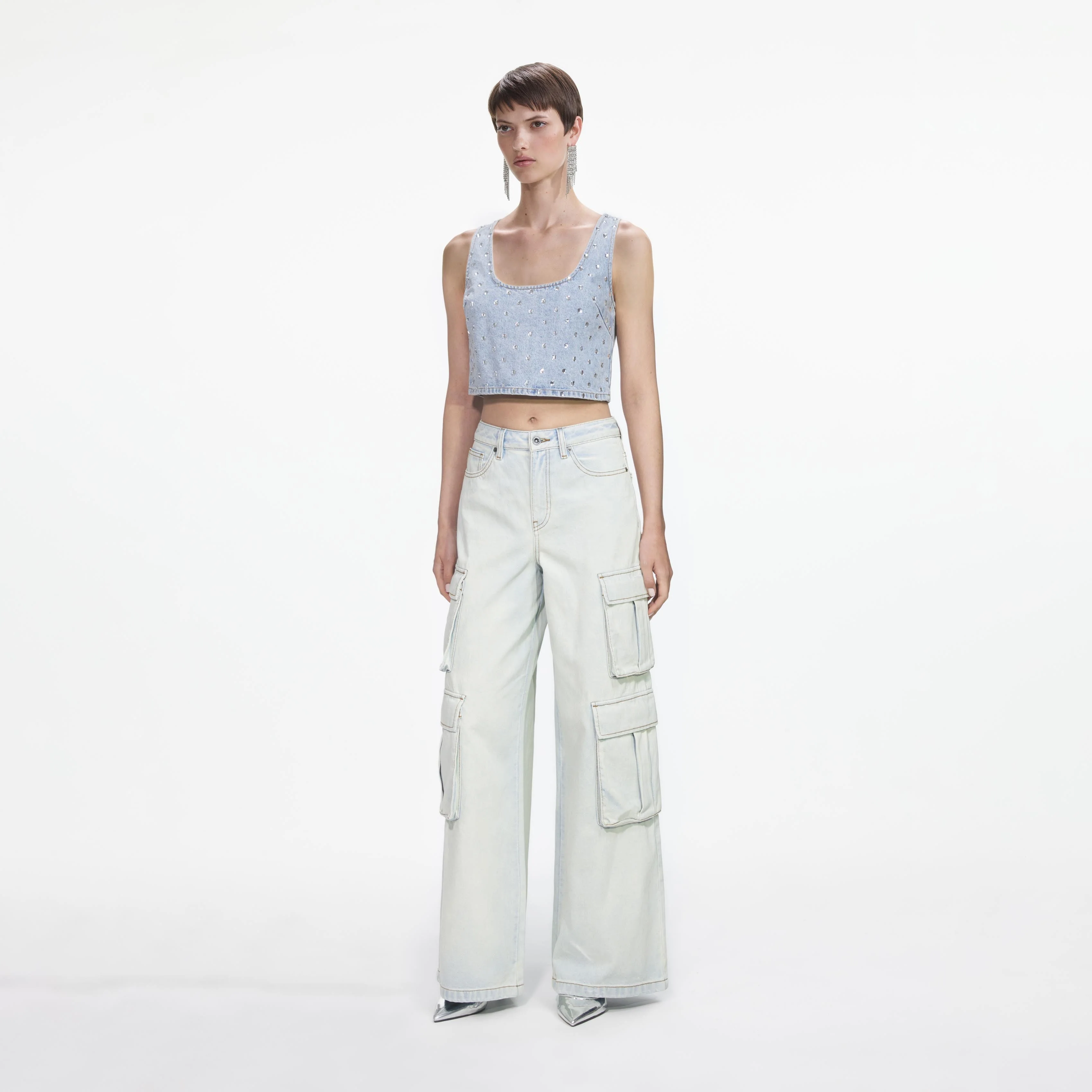 Square Rhinestone Denim Top