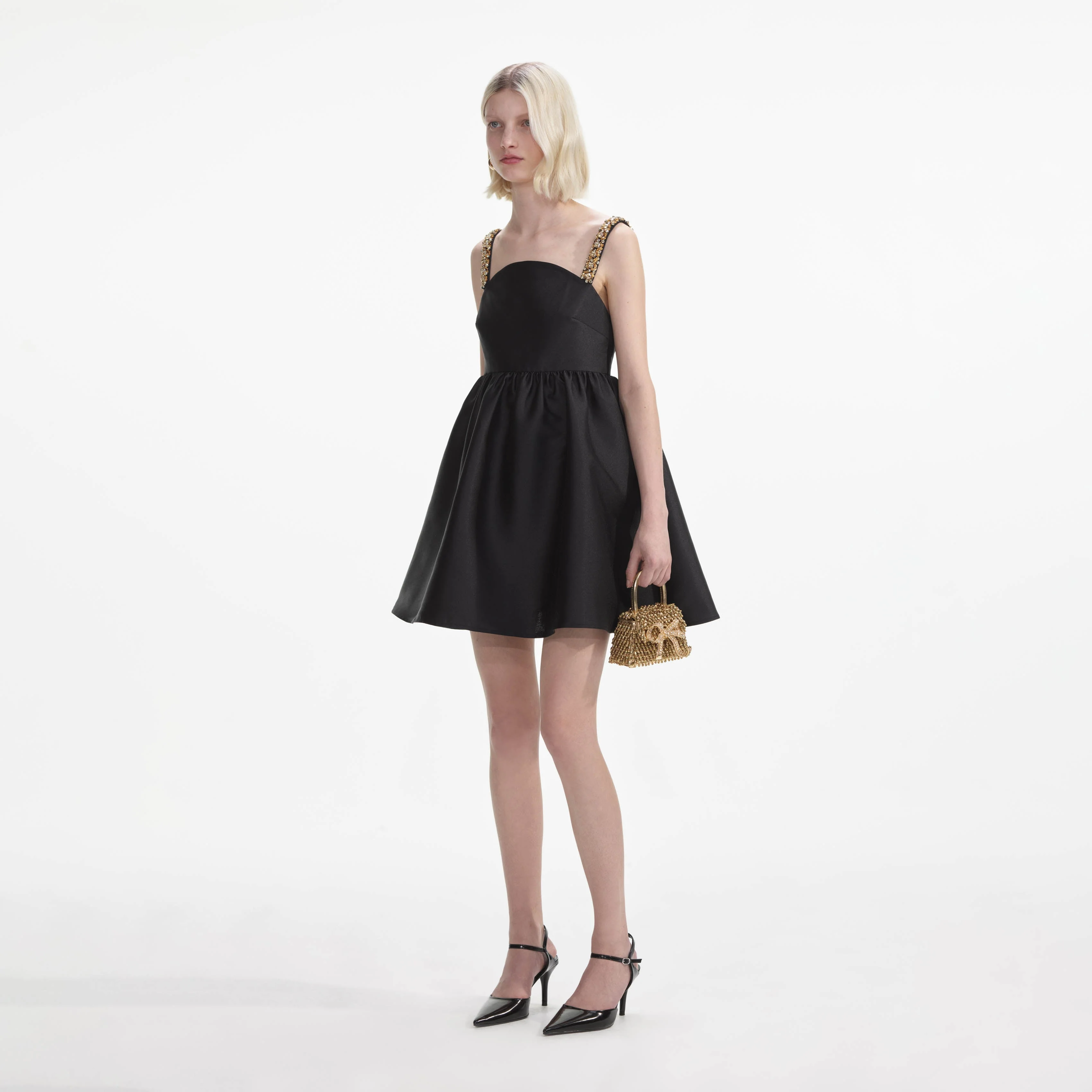 Black Taffeta Embellished Mini Dress